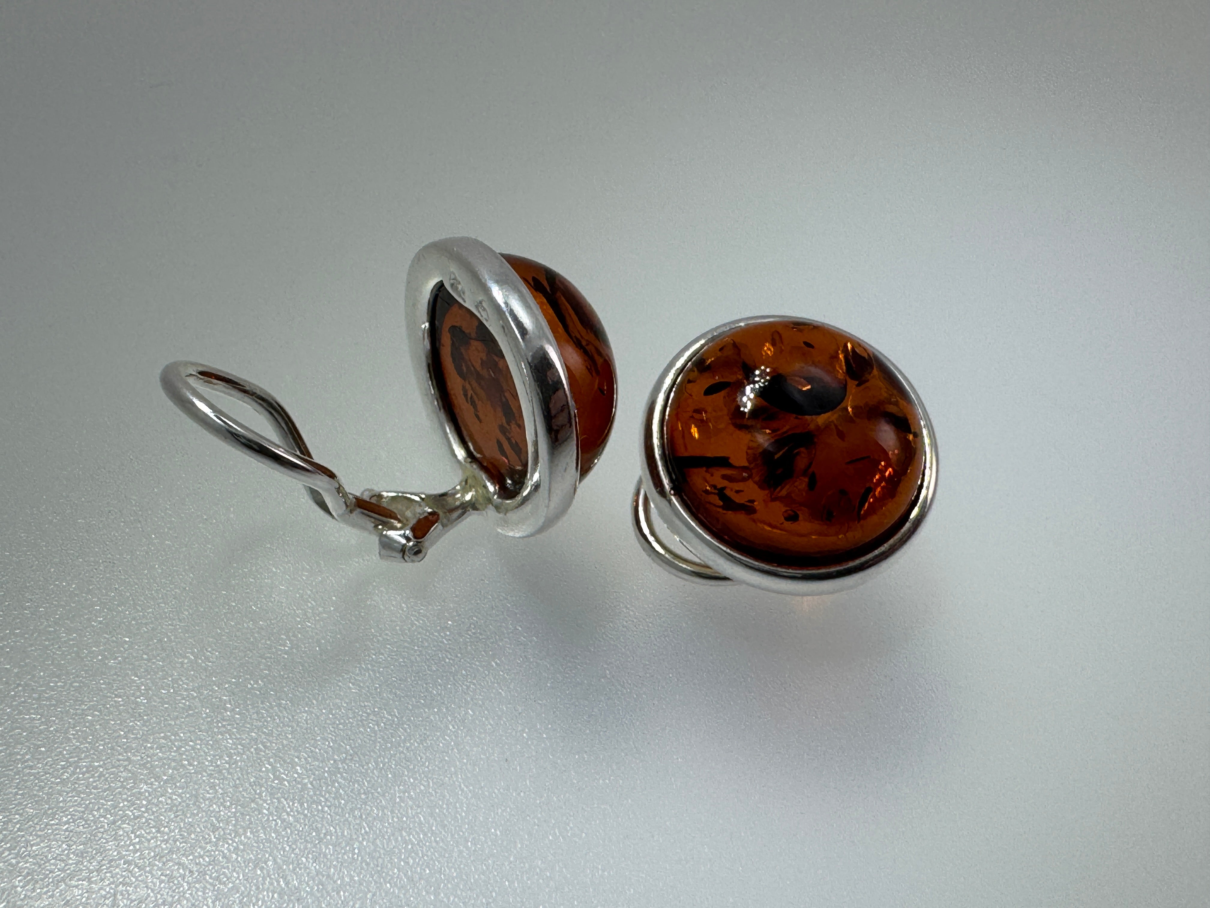 Cognac Baltic Amber Clip-On Earrings – Sterling Silver, 14 mm Round Cabochons, No Piercing Needed