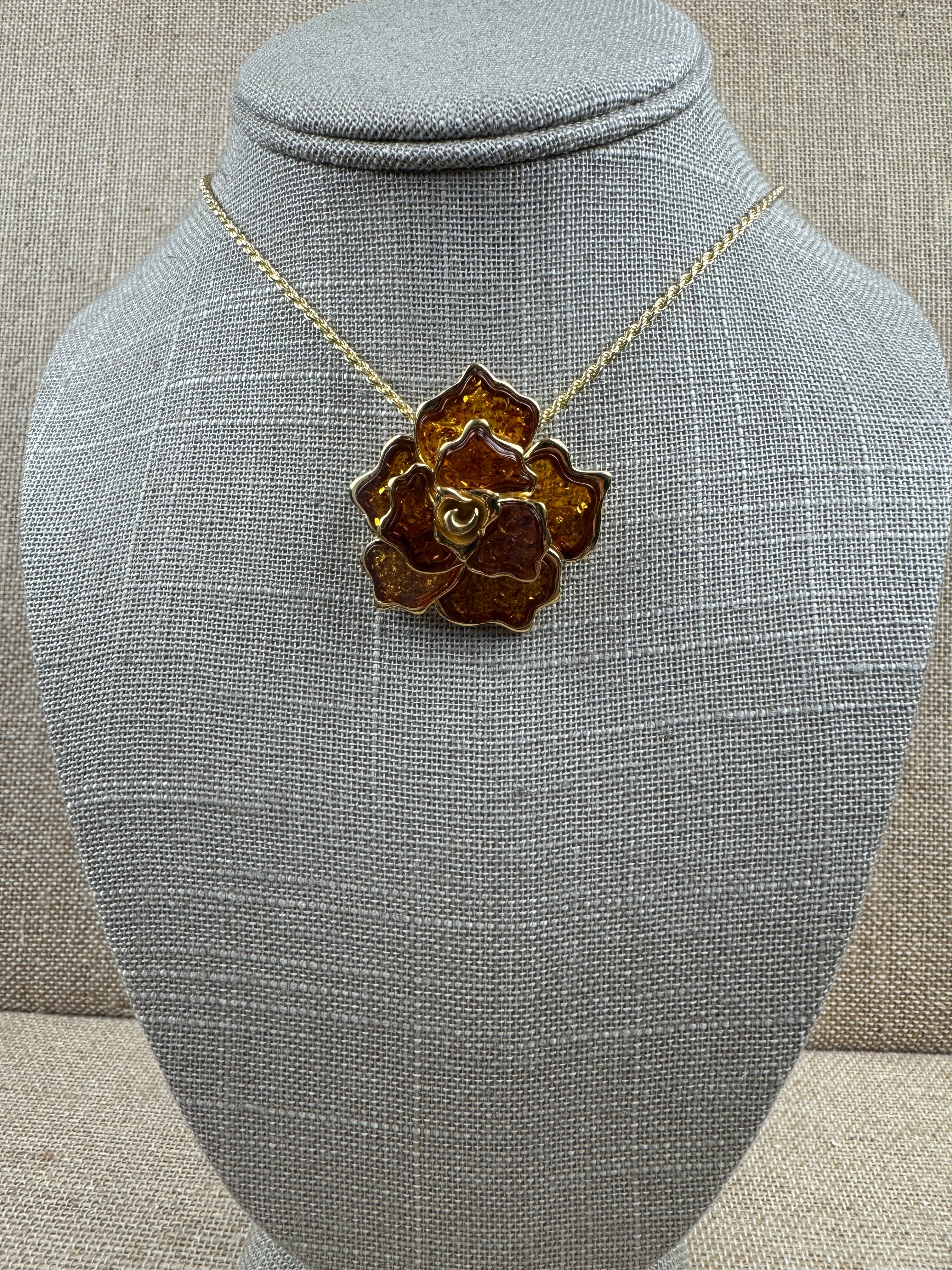 One-of-a-Kind Handmade Baltic Amber Flower Brooch & Pendant on silver chain