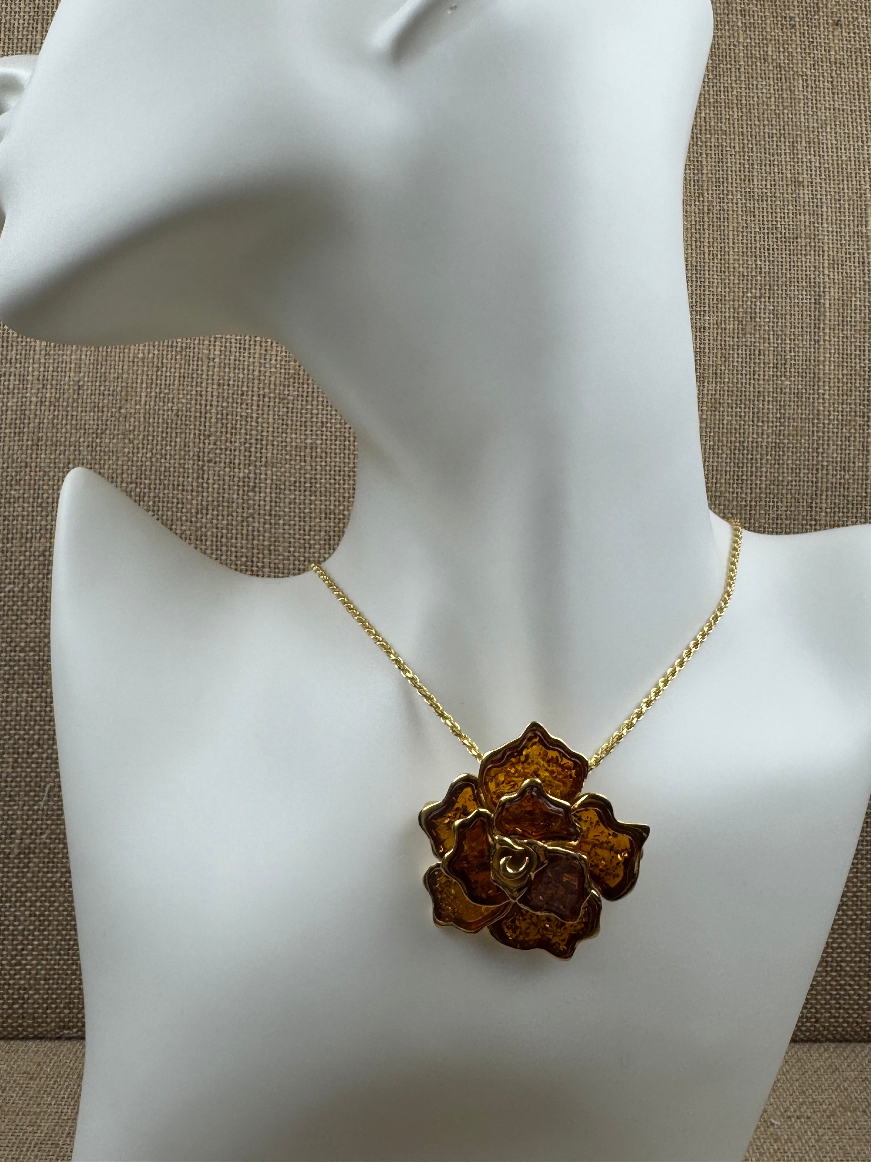 One-of-a-Kind Handmade Baltic Amber Flower Brooch & Pendant on silver chain
