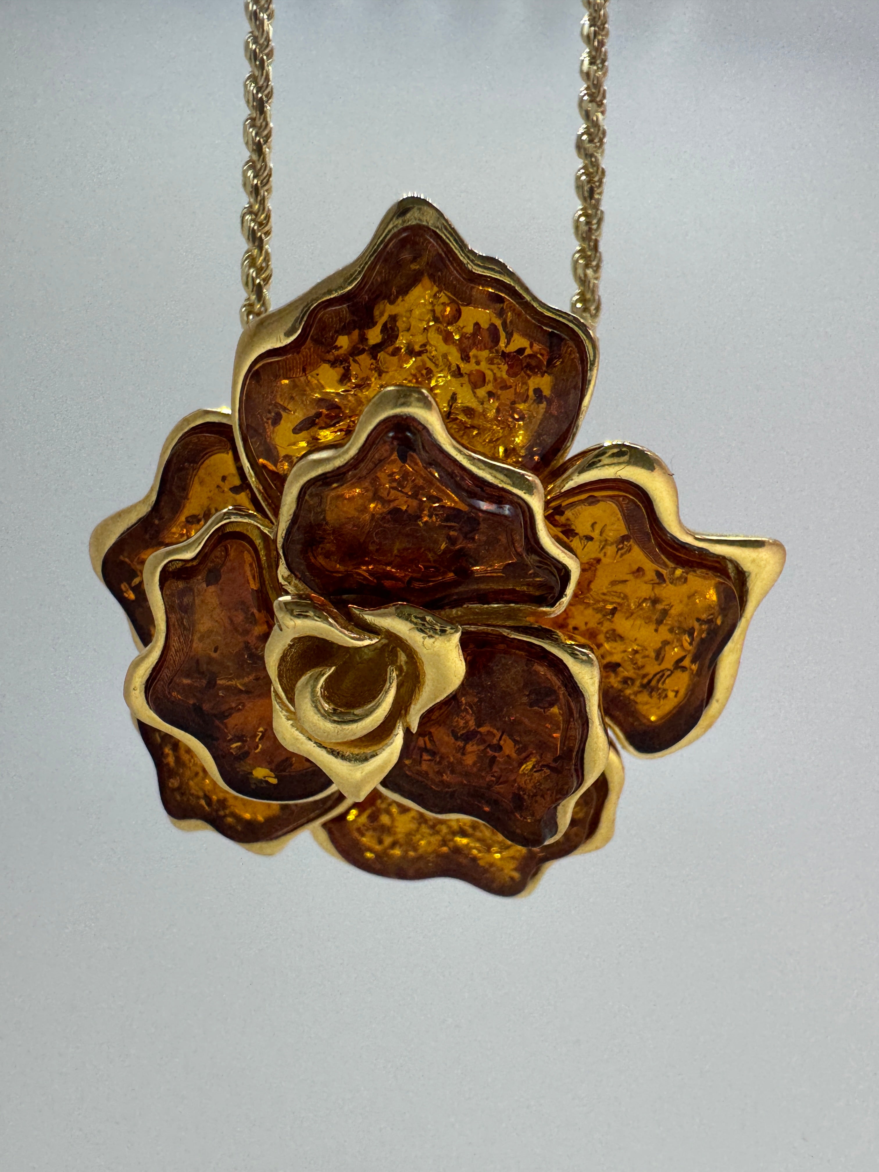 One-of-a-Kind Handmade Baltic Amber Flower Brooch & Pendant on silver chain