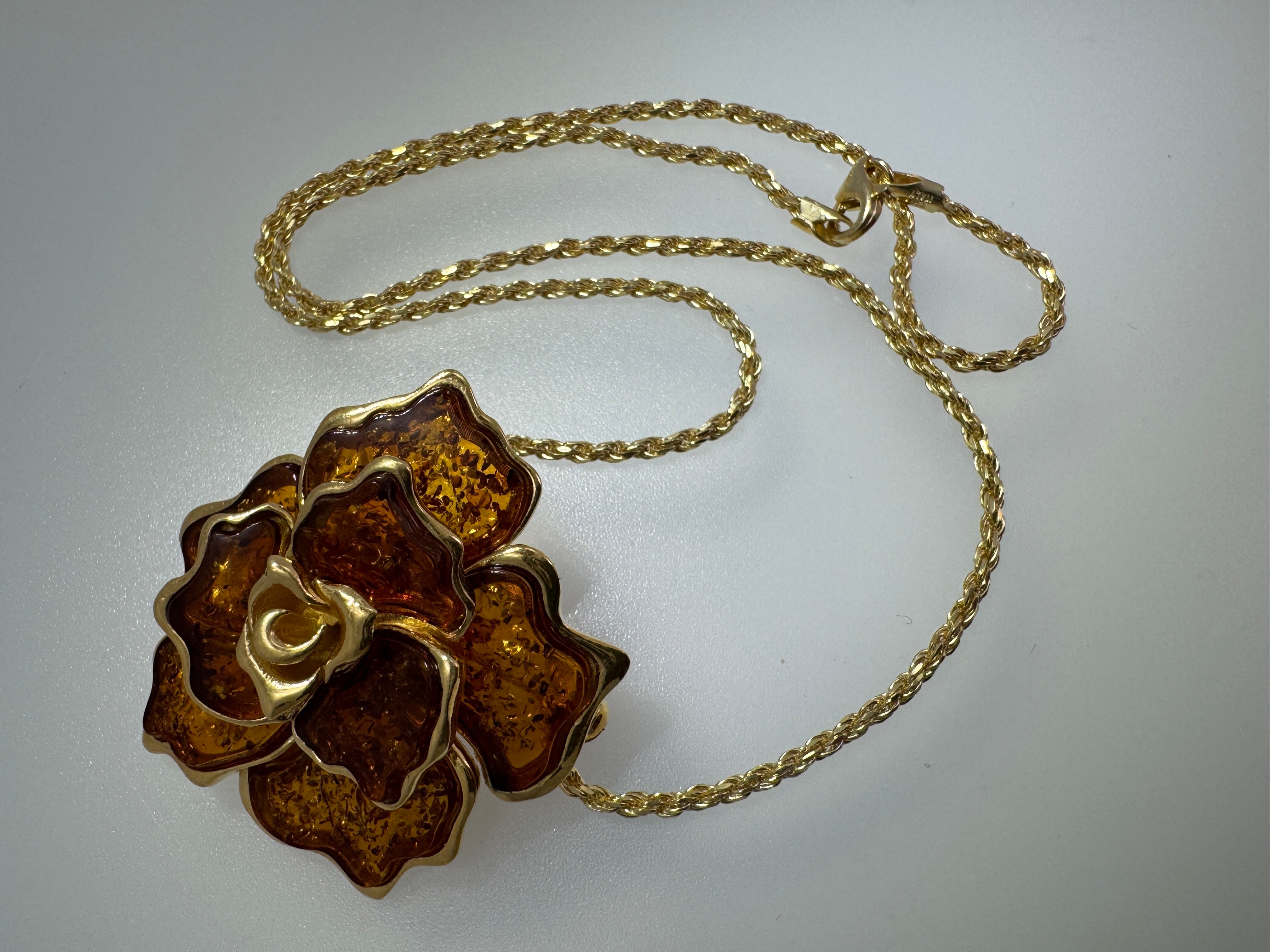 One-of-a-Kind Handmade Baltic Amber Flower Brooch & Pendant on silver chain