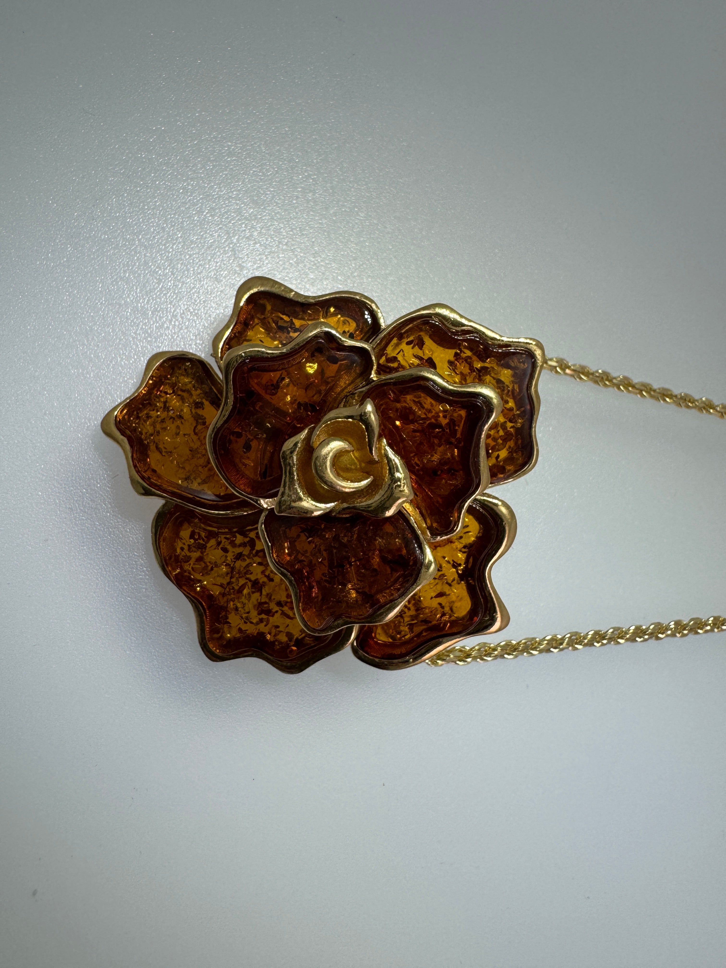 One-of-a-Kind Handmade Baltic Amber Flower Brooch & Pendant on silver chain