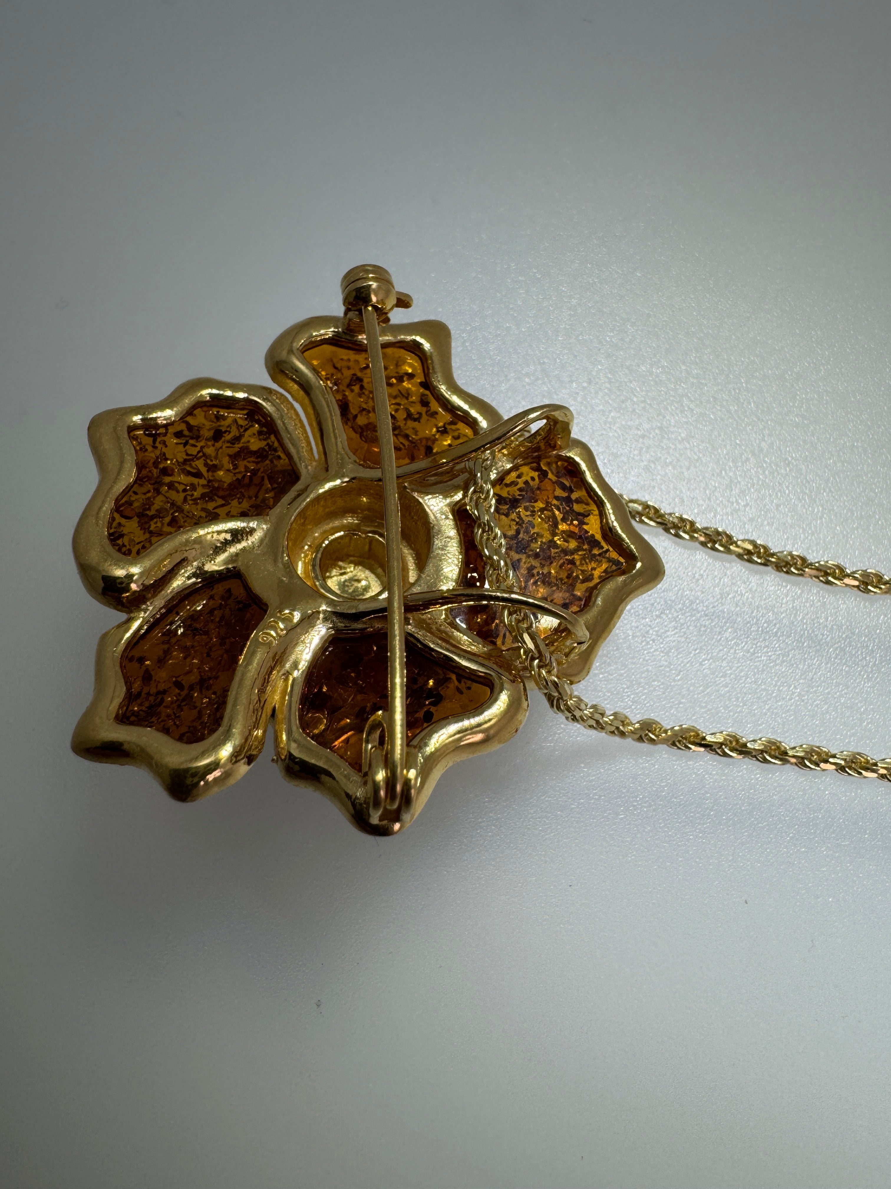 One-of-a-Kind Handmade Baltic Amber Flower Brooch & Pendant on silver chain