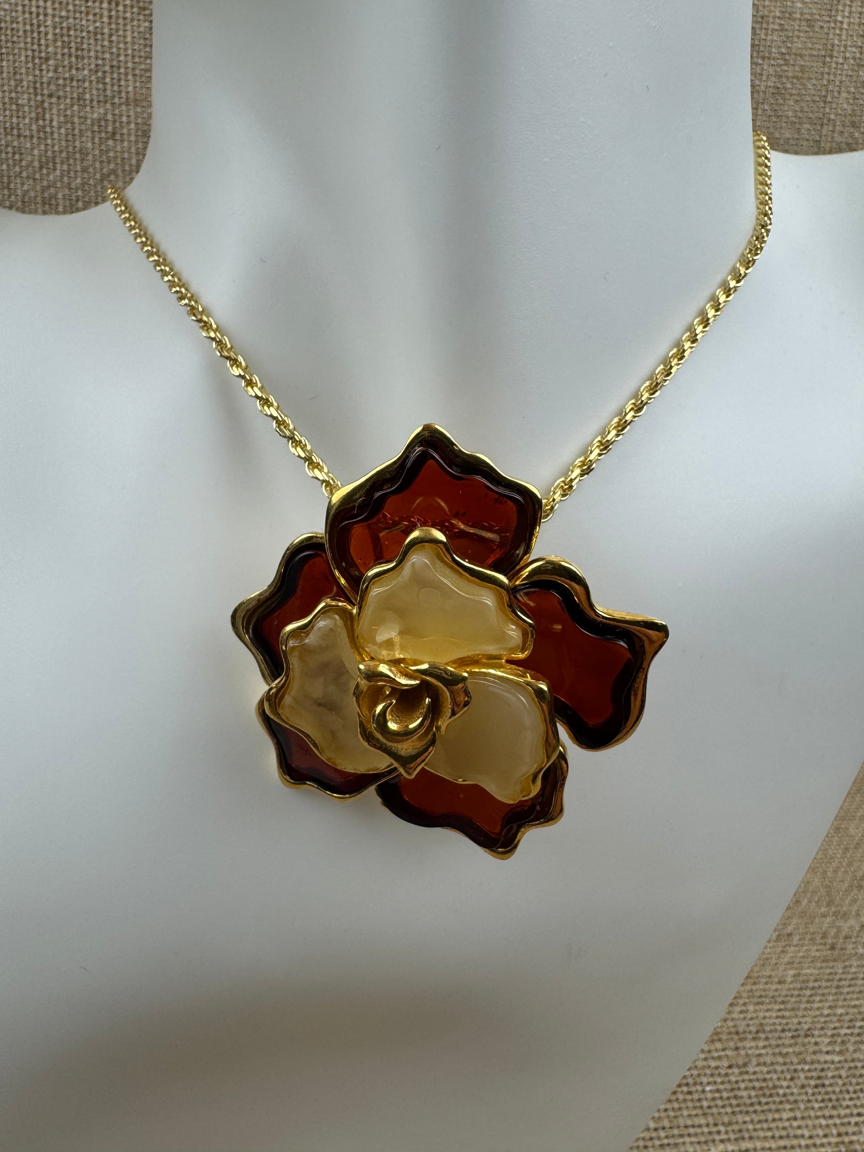 Cherry & Lemon Baltic Amber Flower Pendant on silver chain – One of a Kind