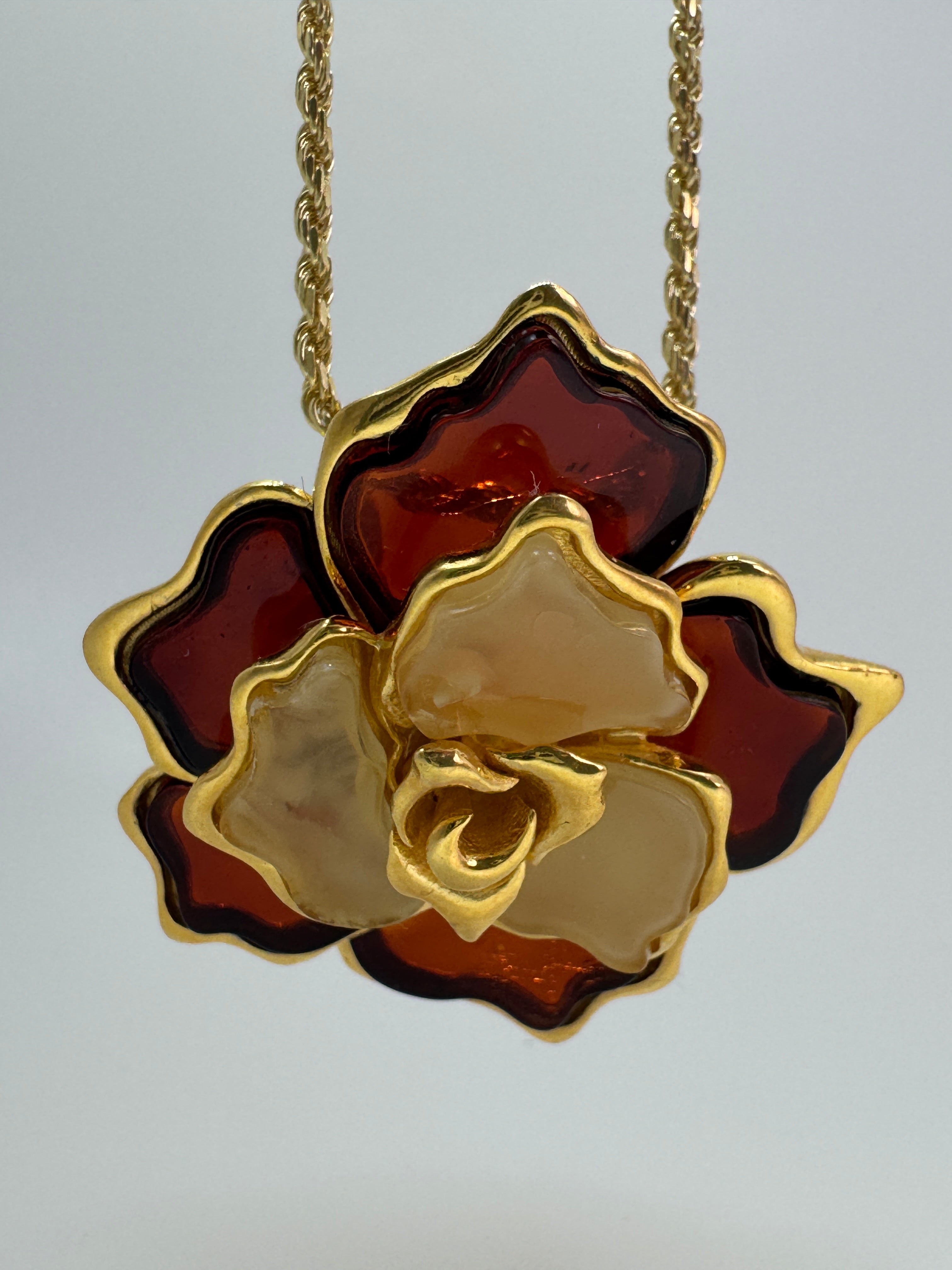Cherry & Lemon Baltic Amber Flower Pendant on silver chain – One of a Kind