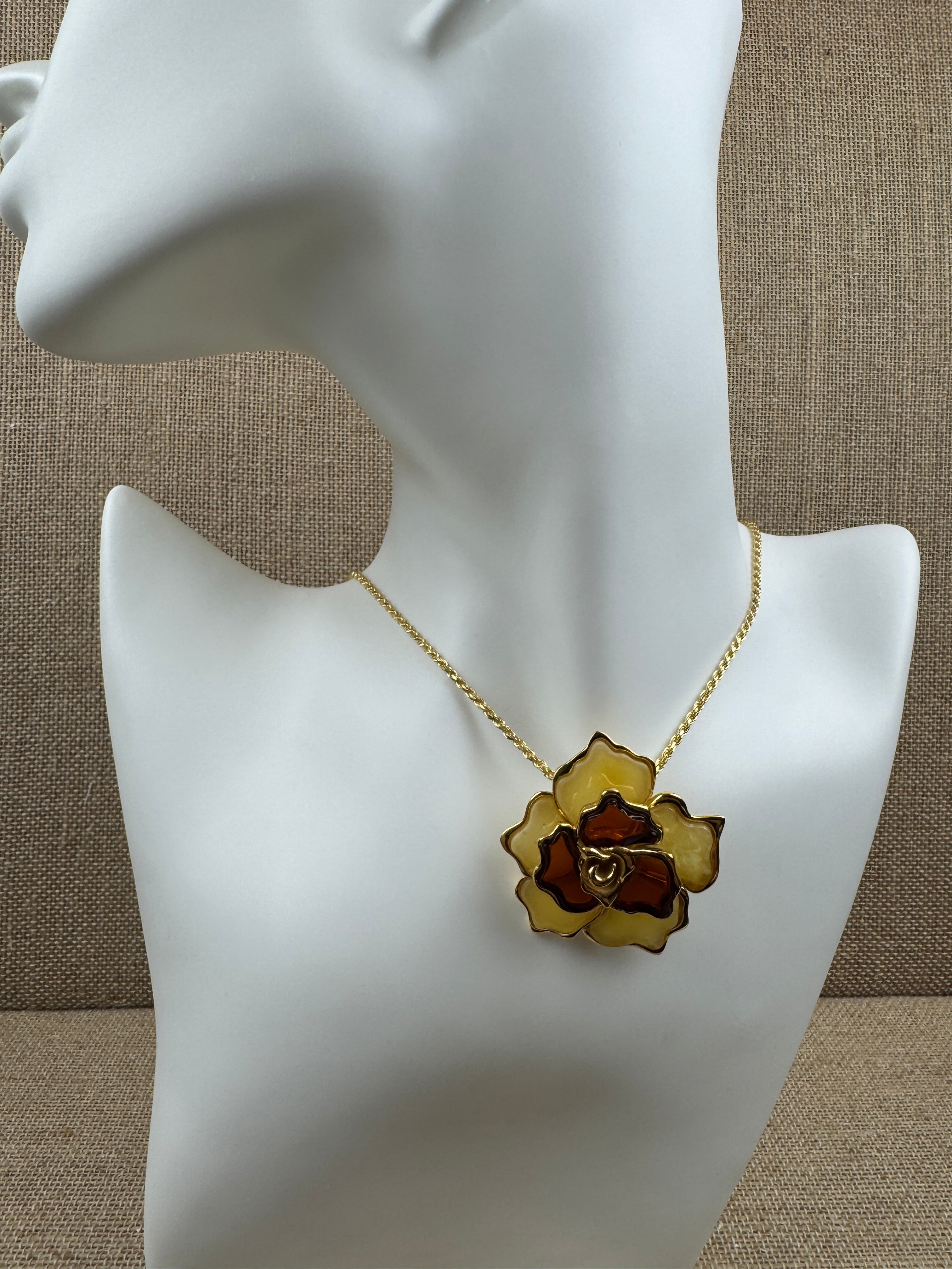 One-of-a-Kind Cherry & Lemon Baltic Amber Flower Pendant on Silver chain