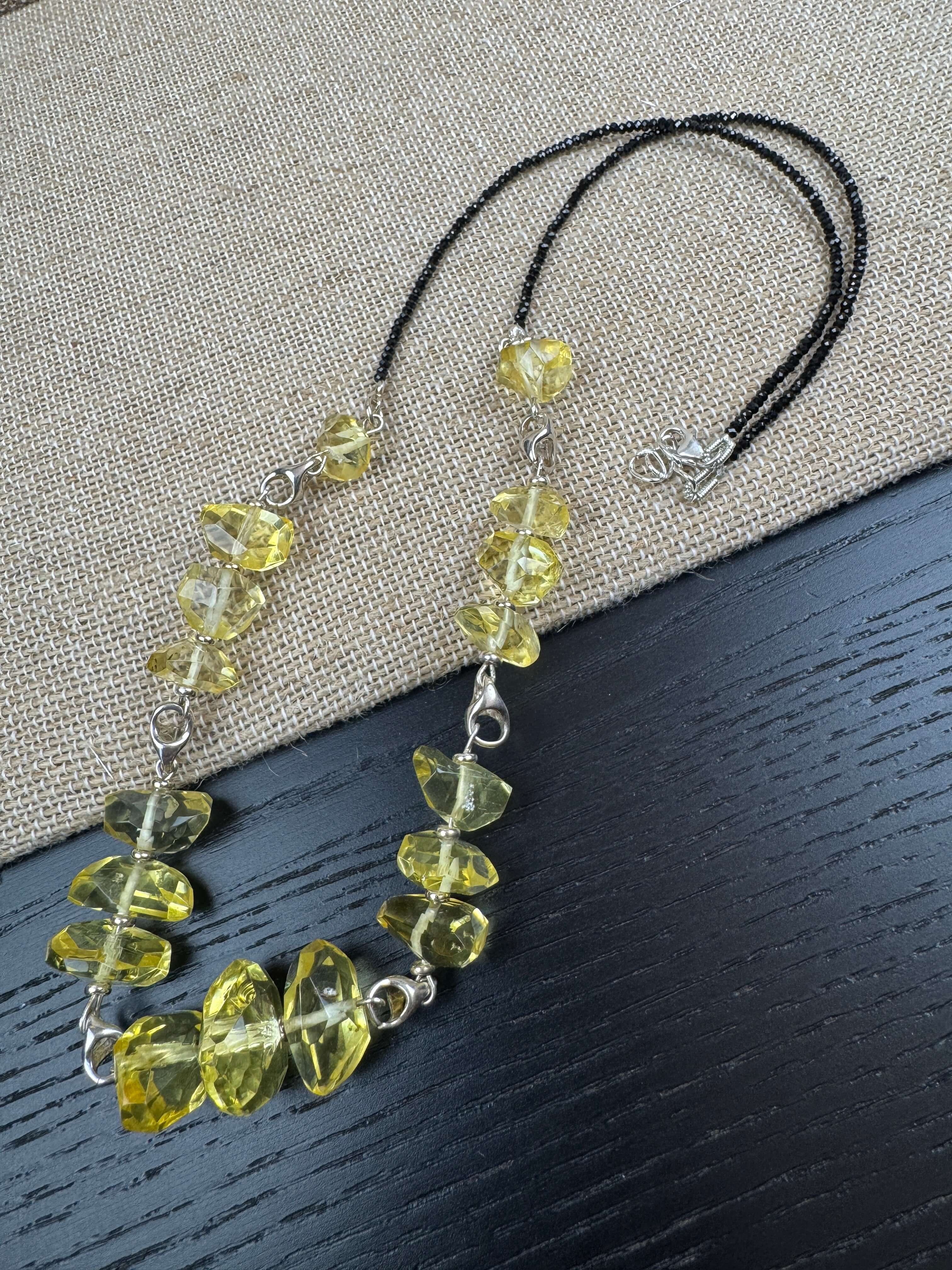 Lemon Amber Bead Necklace with Black Onyx – Handcrafted 24” Design from Lithuania