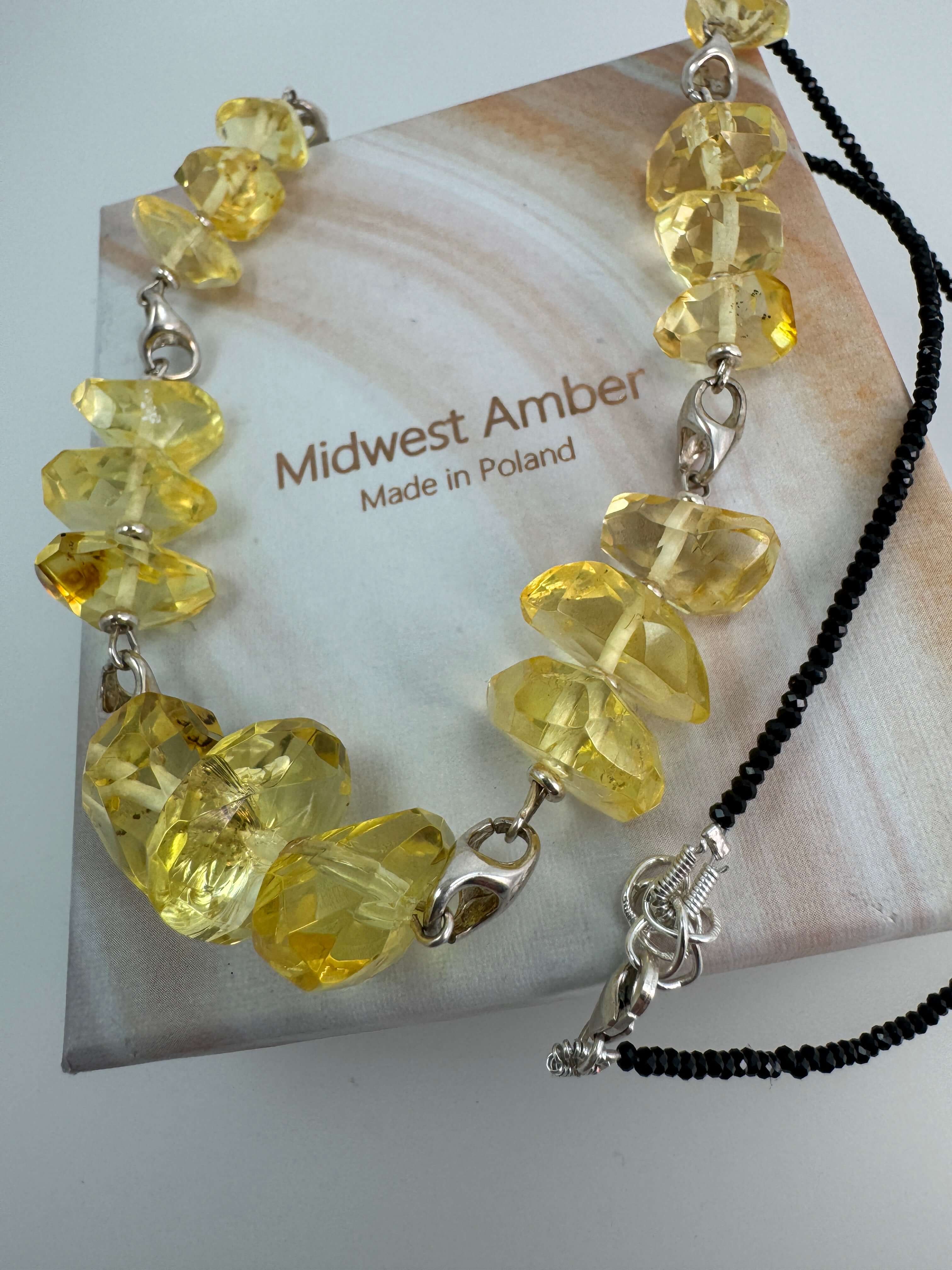 Lemon Amber Bead Necklace with Black Onyx – Handcrafted 24” Design from Lithuania
