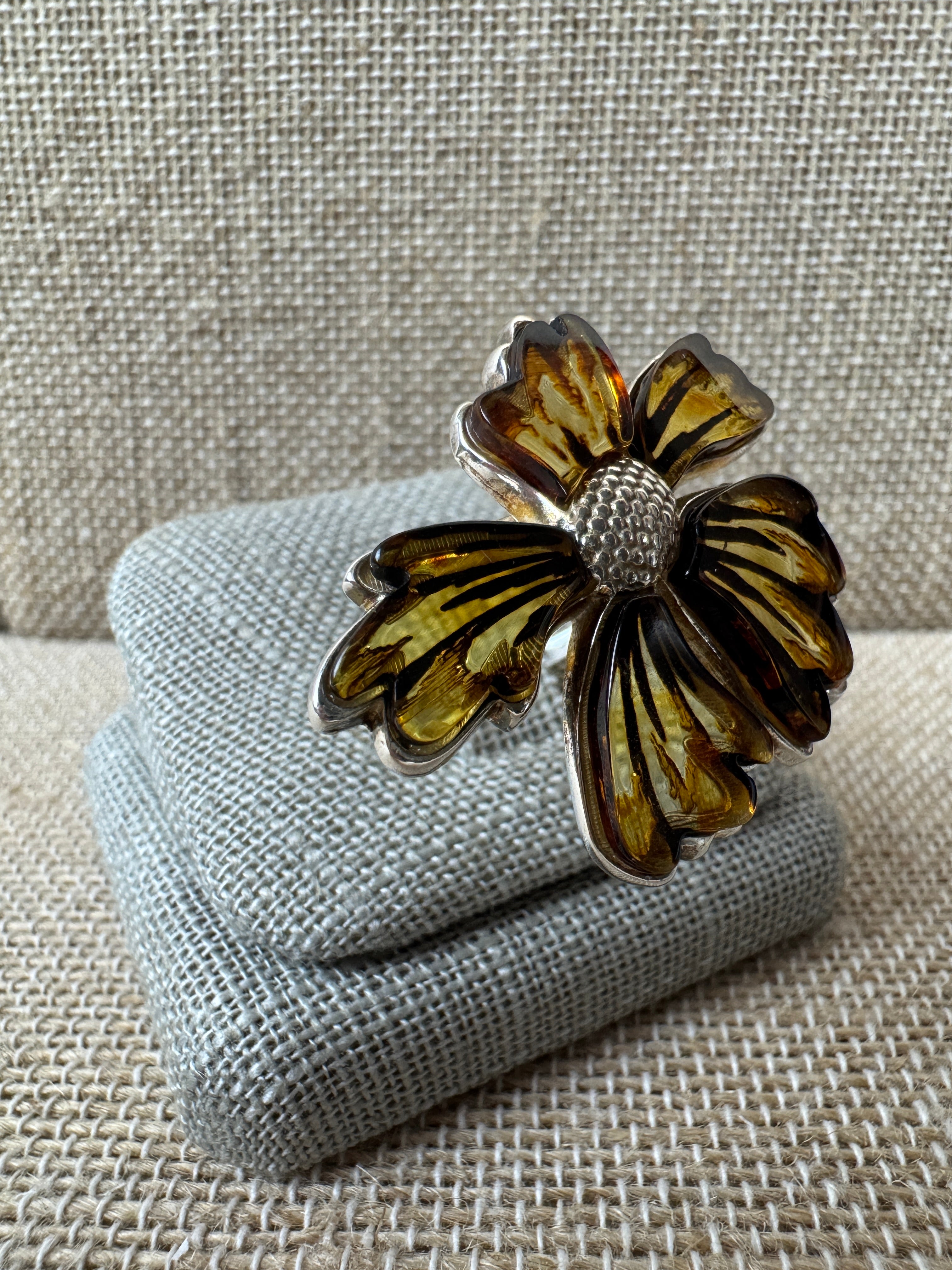 Hand-Etched Baltic Amber Flower Ring – Adjustable Sterling Silver Design with Matching Pendant