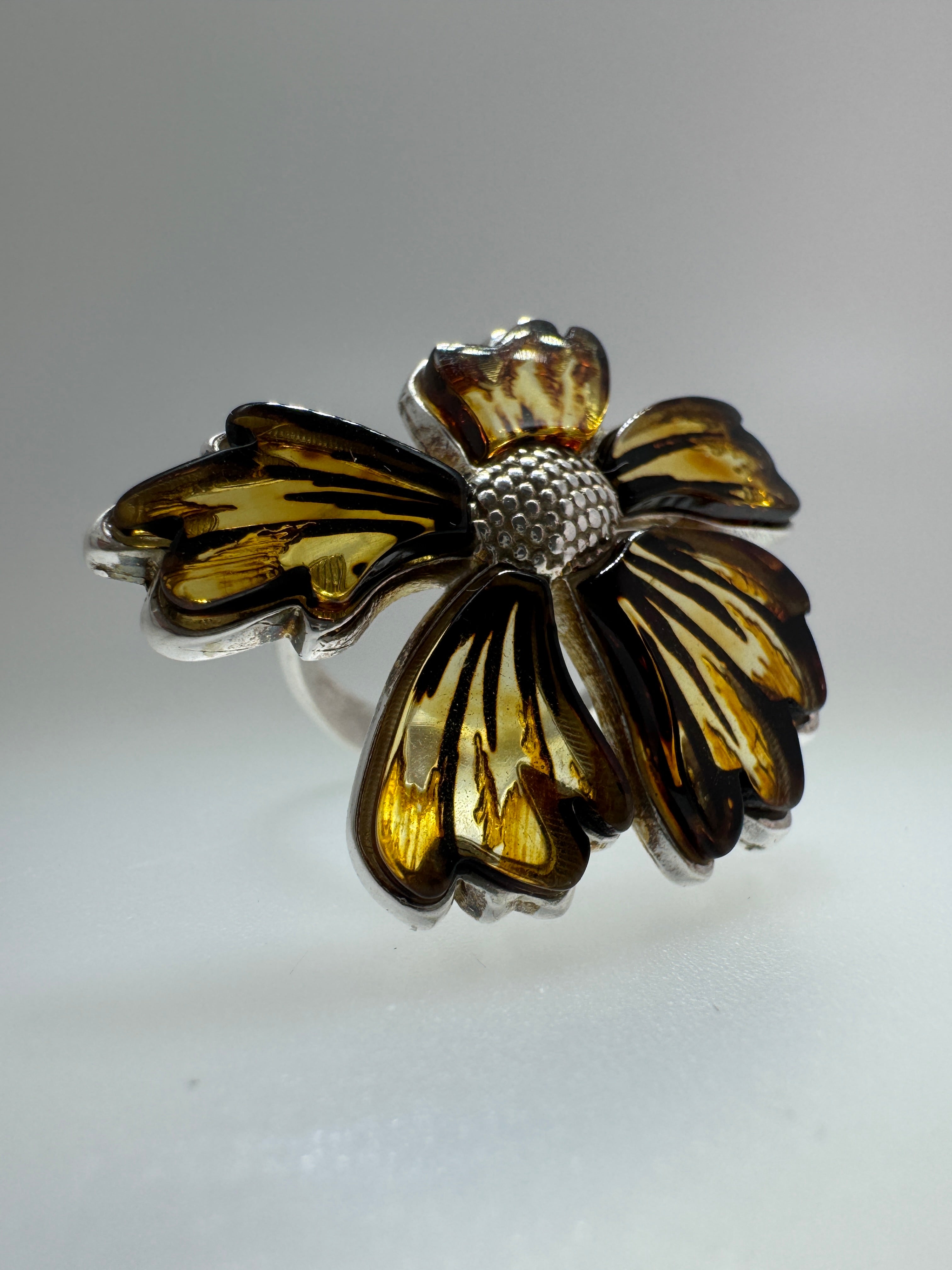 Hand-Etched Baltic Amber Flower Ring – Adjustable Sterling Silver Design with Matching Pendant