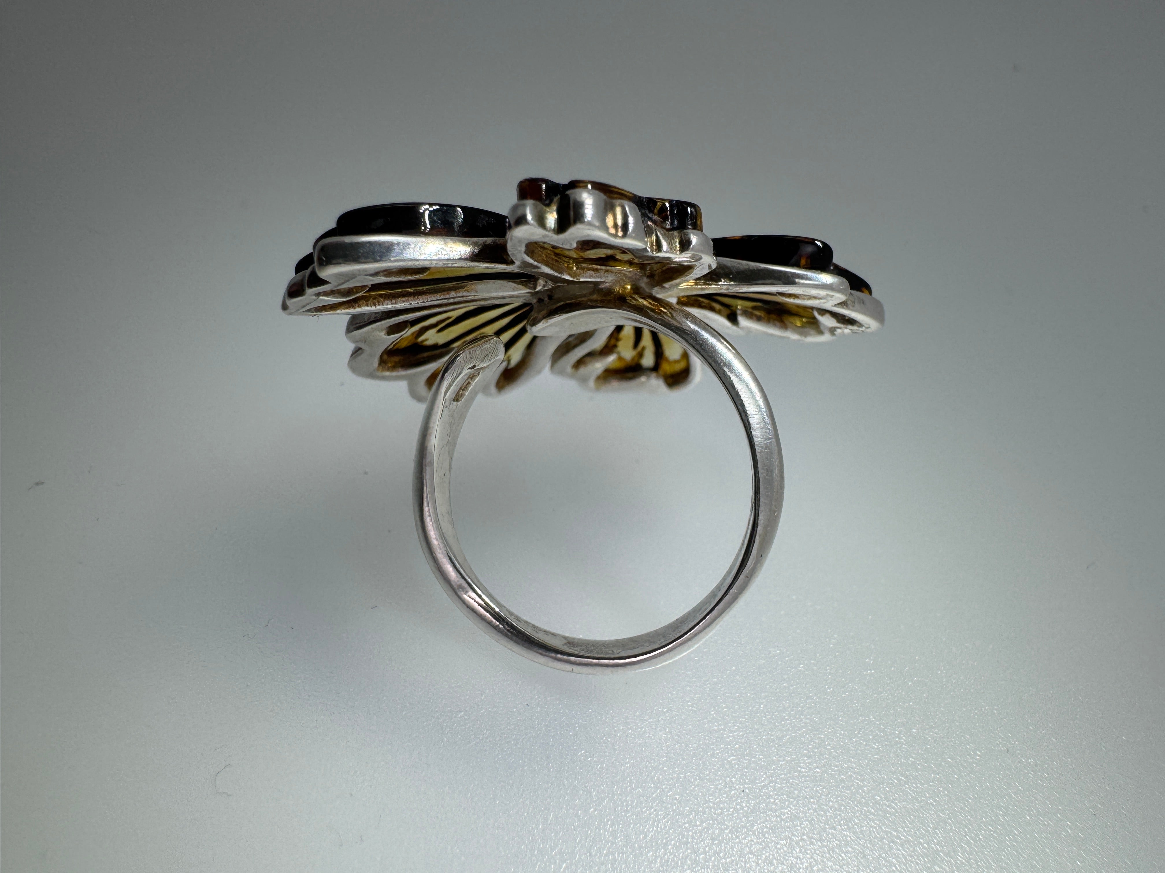 Hand-Etched Baltic Amber Flower Ring – Adjustable Sterling Silver Design with Matching Pendant
