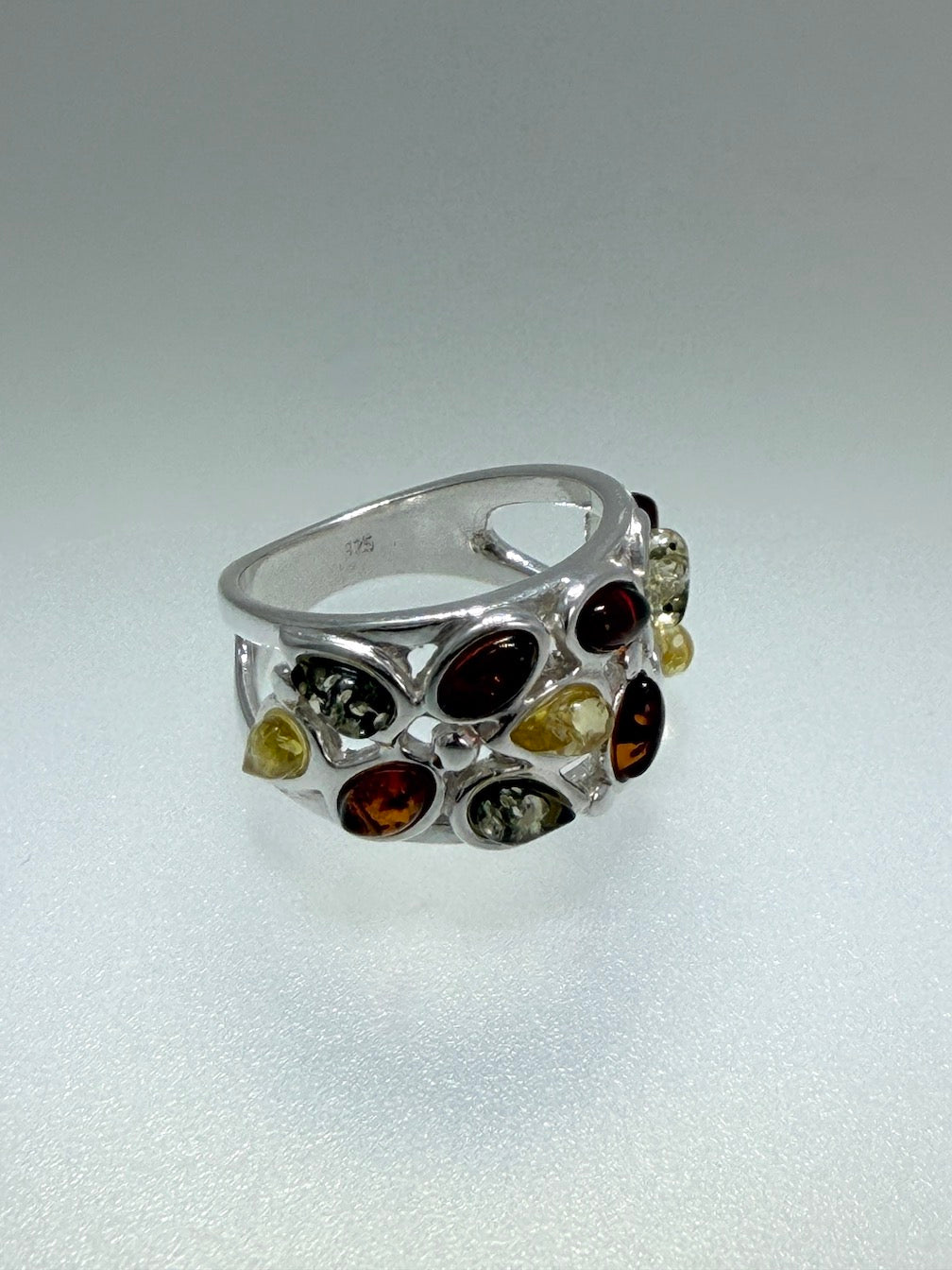 Sterling Silver Baltic Amber Wide Band Ring – Handmade in Poland