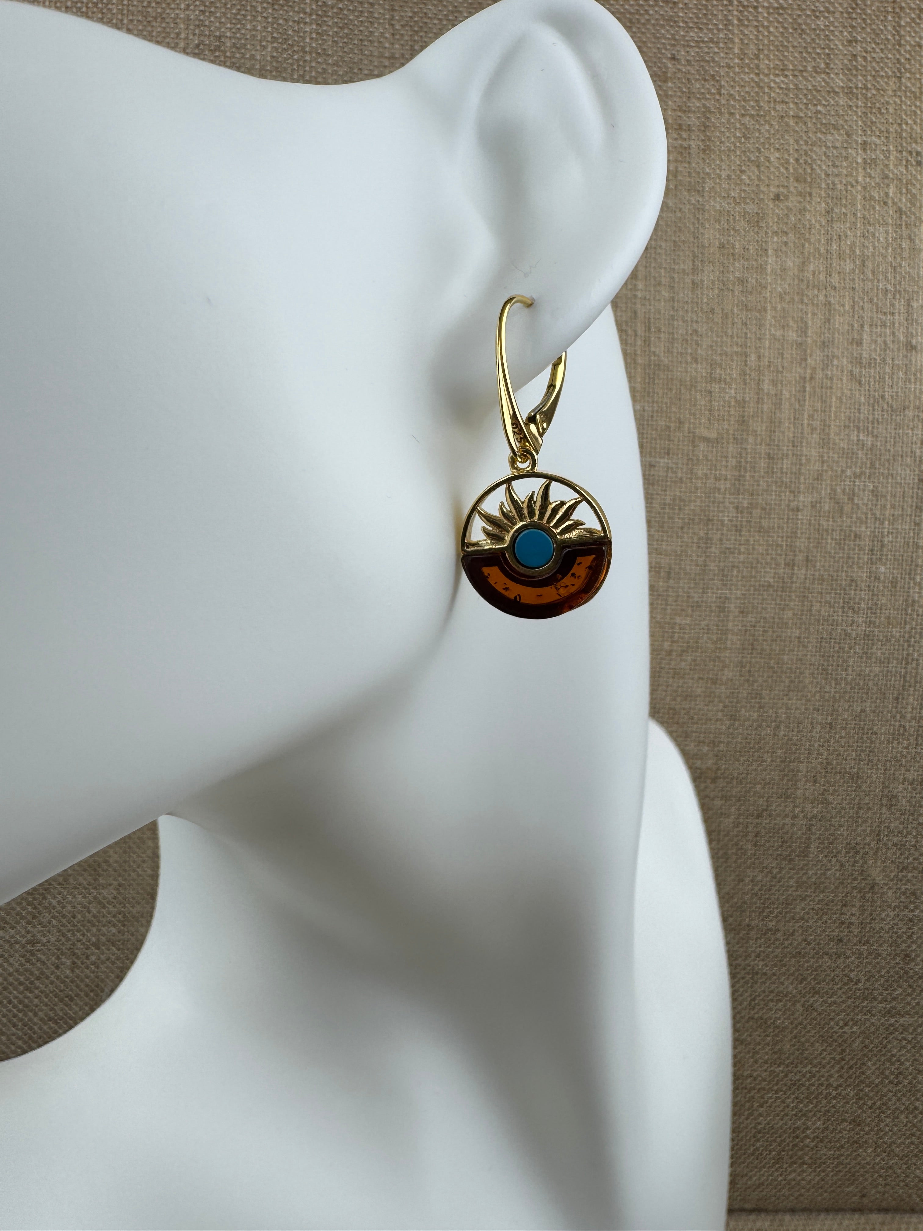 Gold Plated Sterling Silver Sunrise Leverback Earrings with Baltic Amber and Turquoise – Handmade in Poland