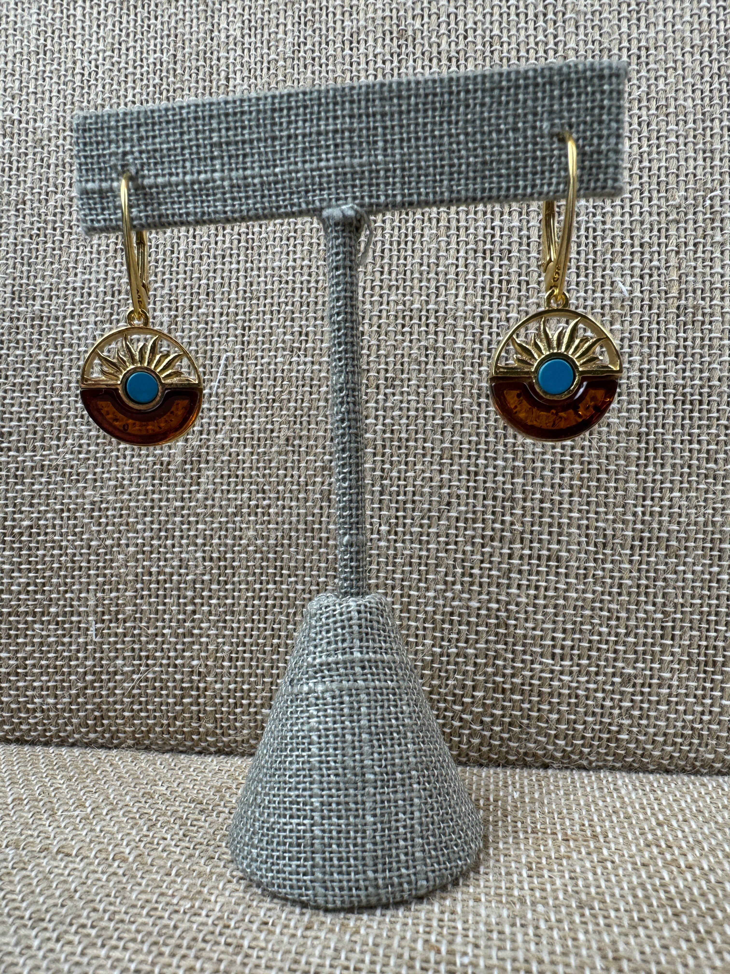 Gold Plated Sterling Silver Sunrise Leverback Earrings with Baltic Amber and Turquoise – Handmade in Poland