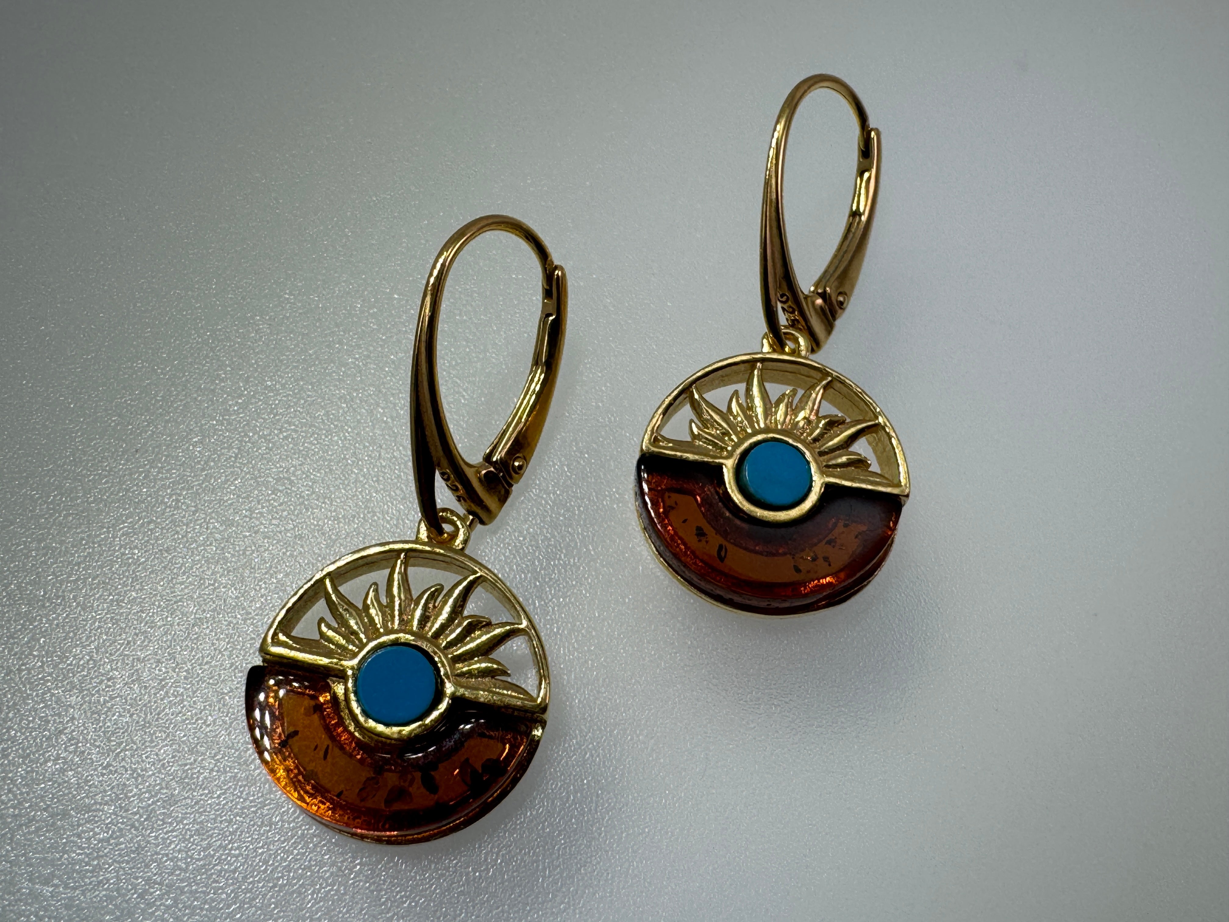 Gold Plated Sterling Silver Sunrise Leverback Earrings with Baltic Amber and Turquoise – Handmade in Poland