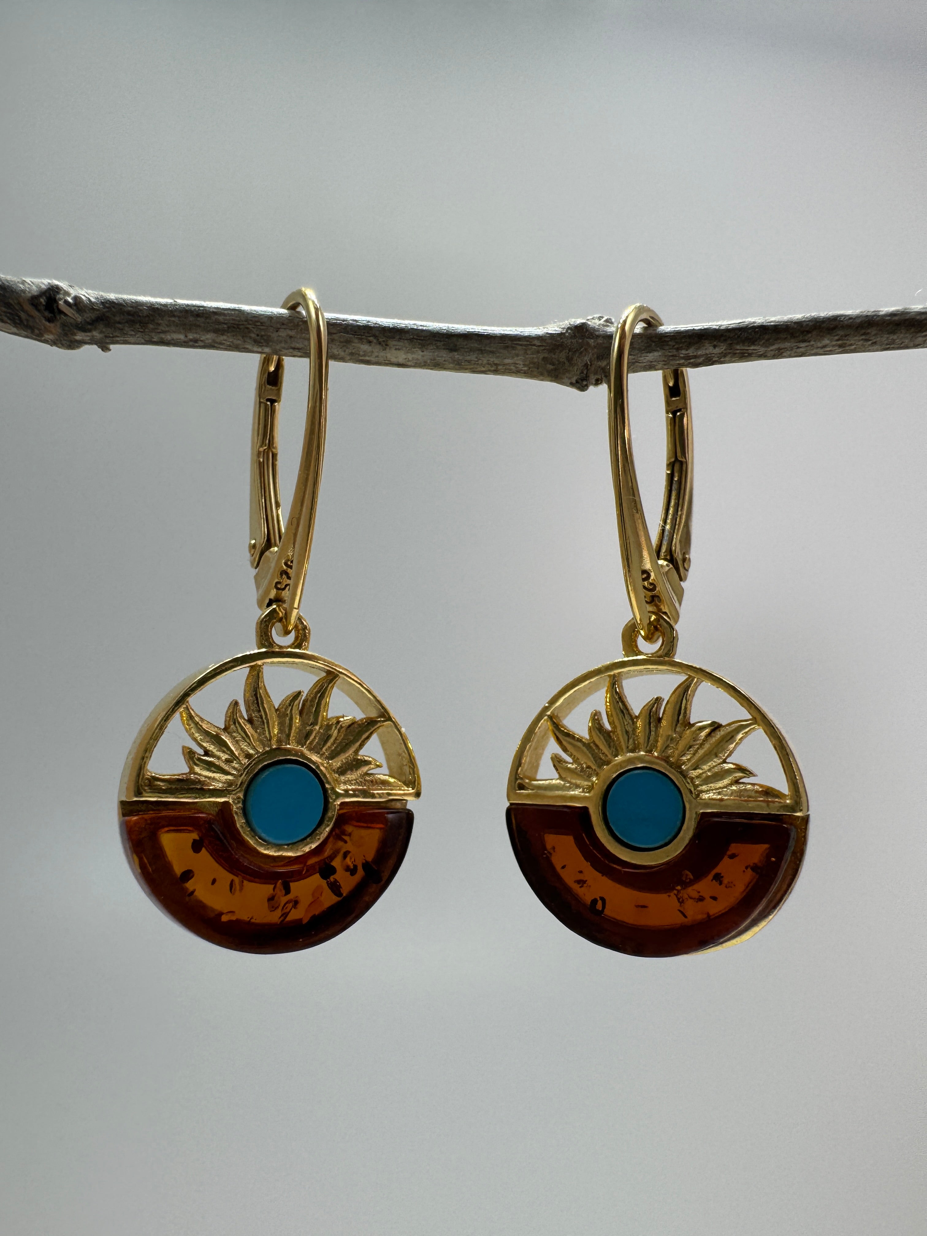 Gold Plated Sterling Silver Sunrise Leverback Earrings with Baltic Amber and Turquoise – Handmade in Poland
