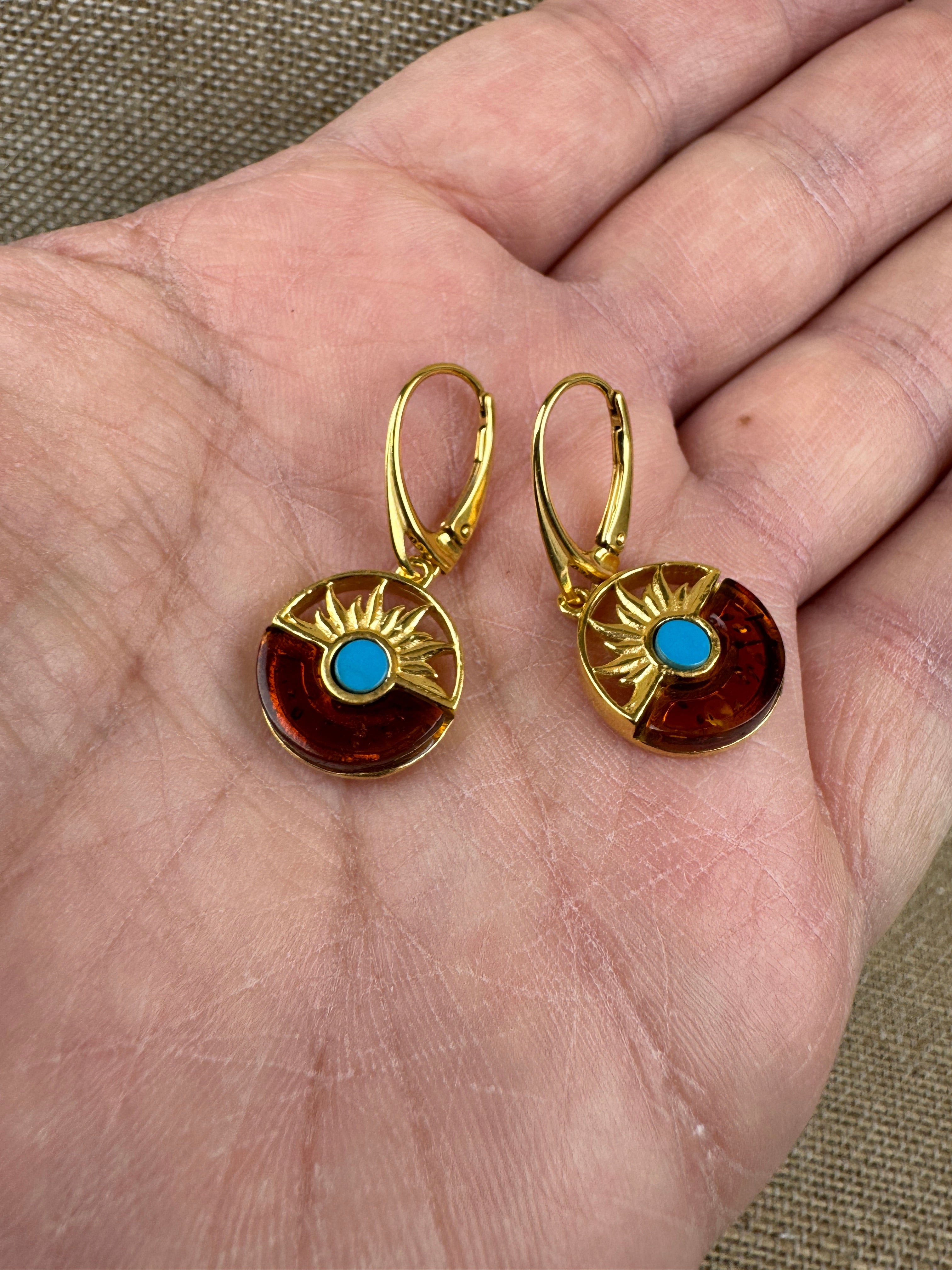 Gold Plated Sterling Silver Sunrise Leverback Earrings with Baltic Amber and Turquoise – Handmade in Poland