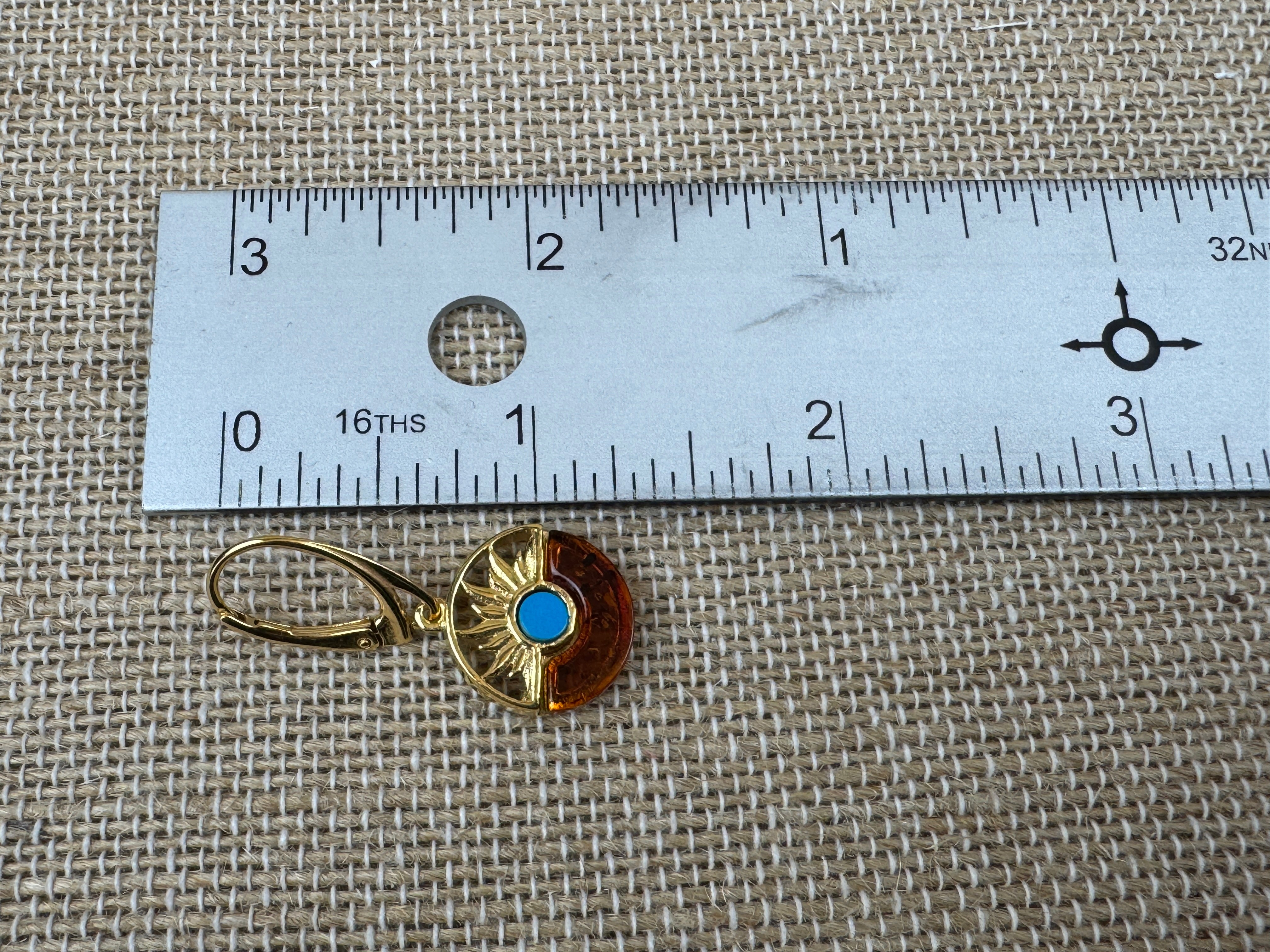 Gold Plated Sterling Silver Sunrise Leverback Earrings with Baltic Amber and Turquoise – Handmade in Poland