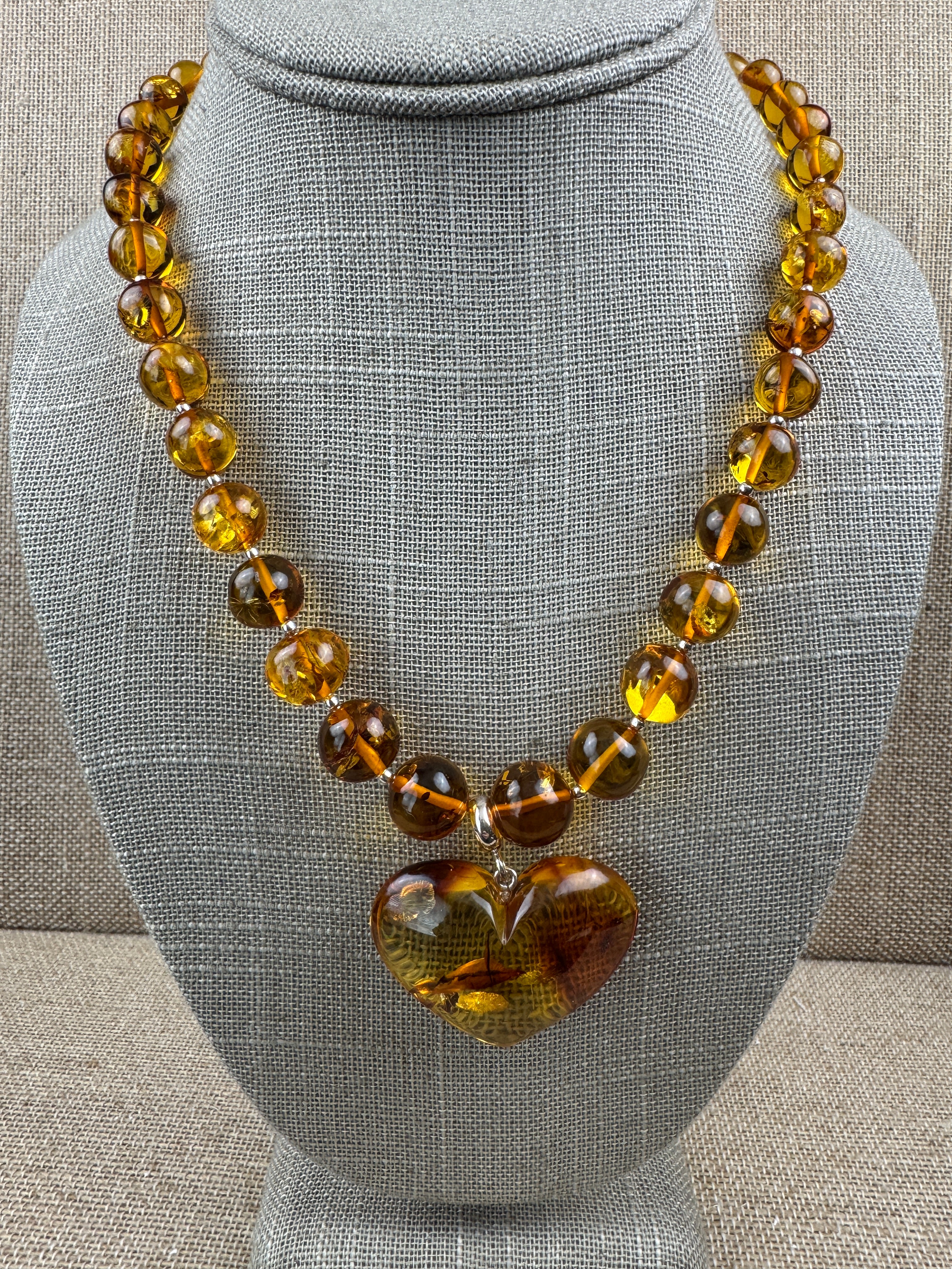 Heart of Amber: One-of-a-Kind Statement Necklace - Amber Beads with oversized Amber Heart Pendant Toggle Necklace