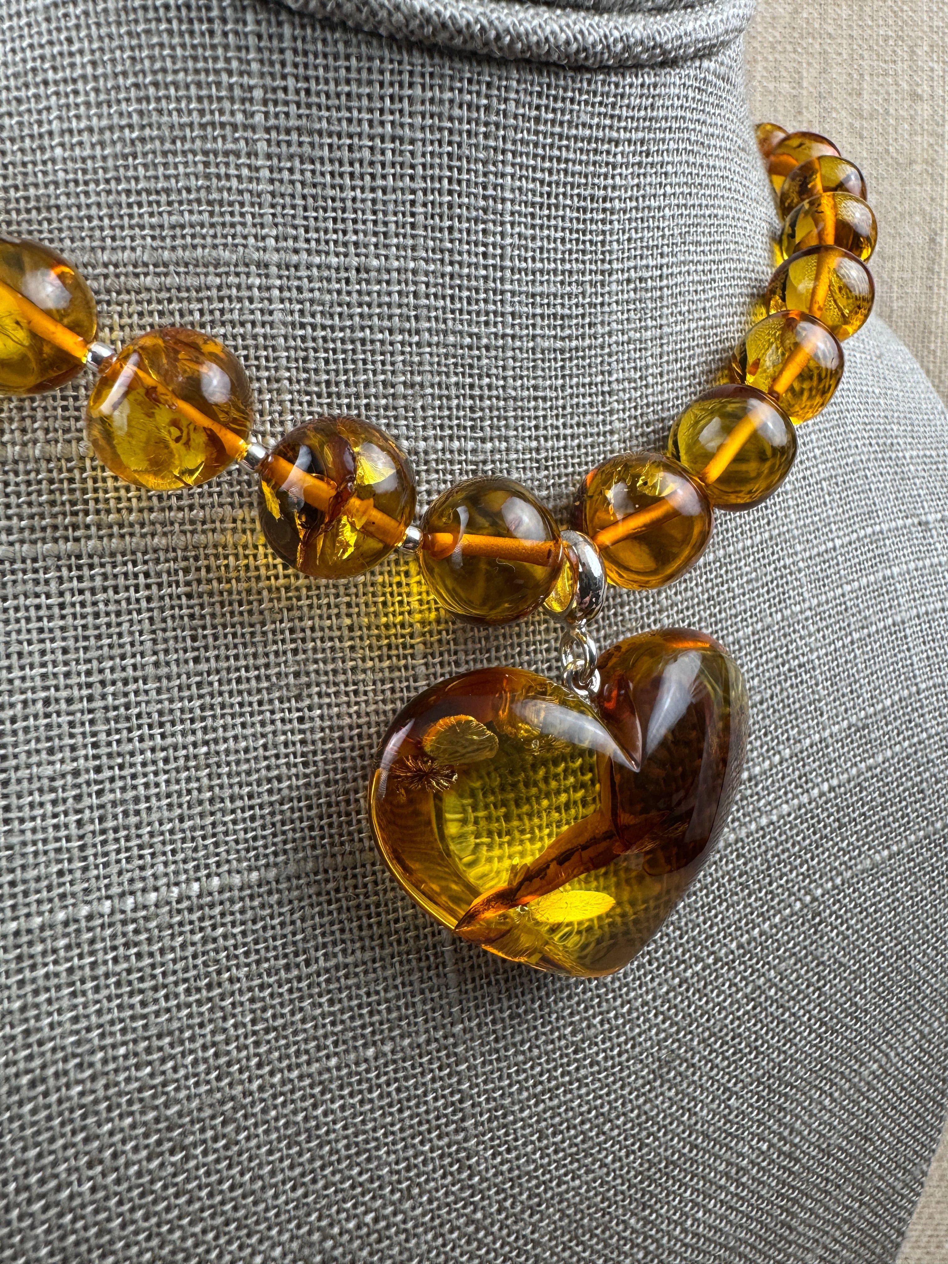 Heart of Amber: One-of-a-Kind Statement Necklace - Amber Beads with oversized Amber Heart Pendant Toggle Necklace