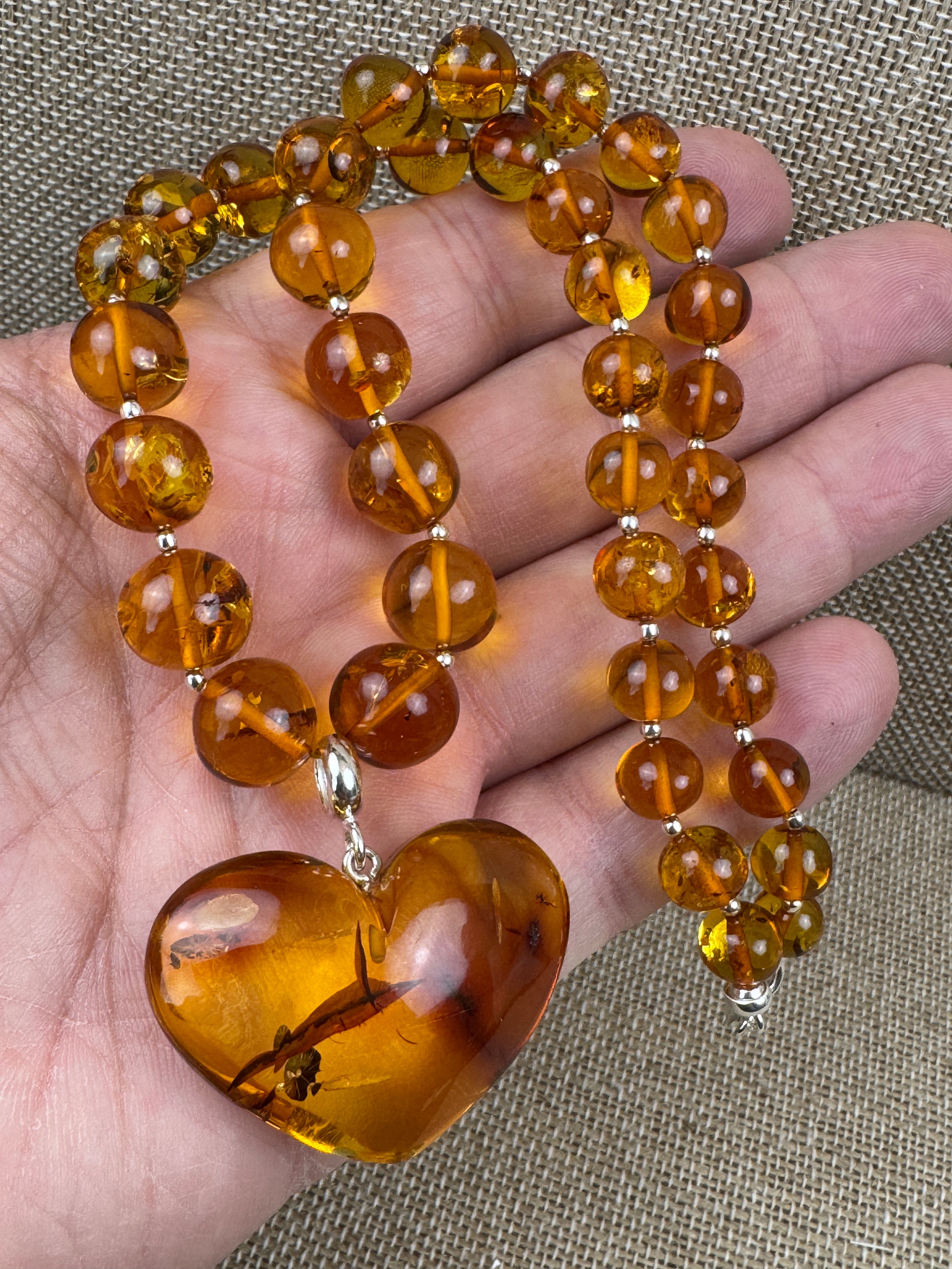 Heart of Amber: One-of-a-Kind Statement Necklace - Amber Beads with oversized Amber Heart Pendant Toggle Necklace