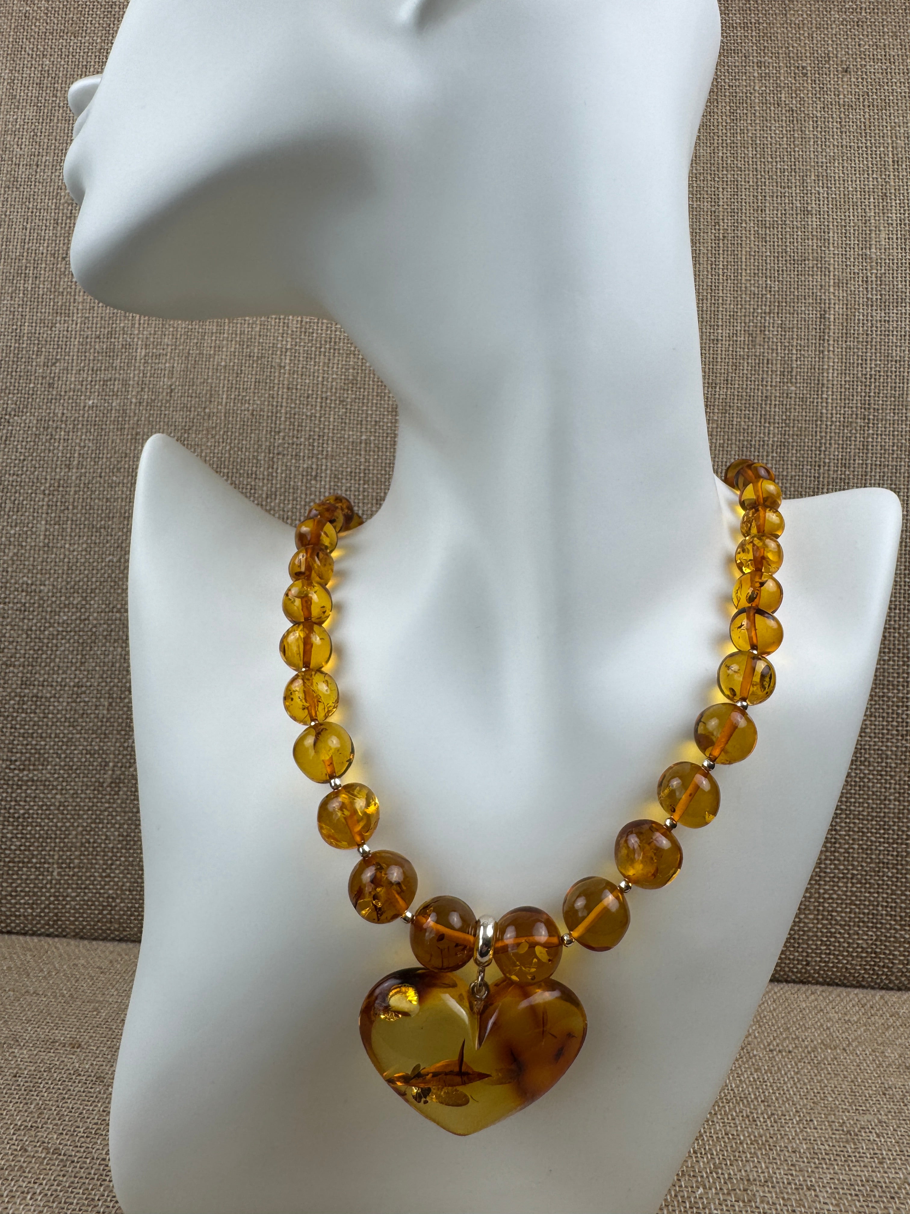 Heart of Amber: One-of-a-Kind Statement Necklace - Amber Beads with oversized Amber Heart Pendant Toggle Necklace