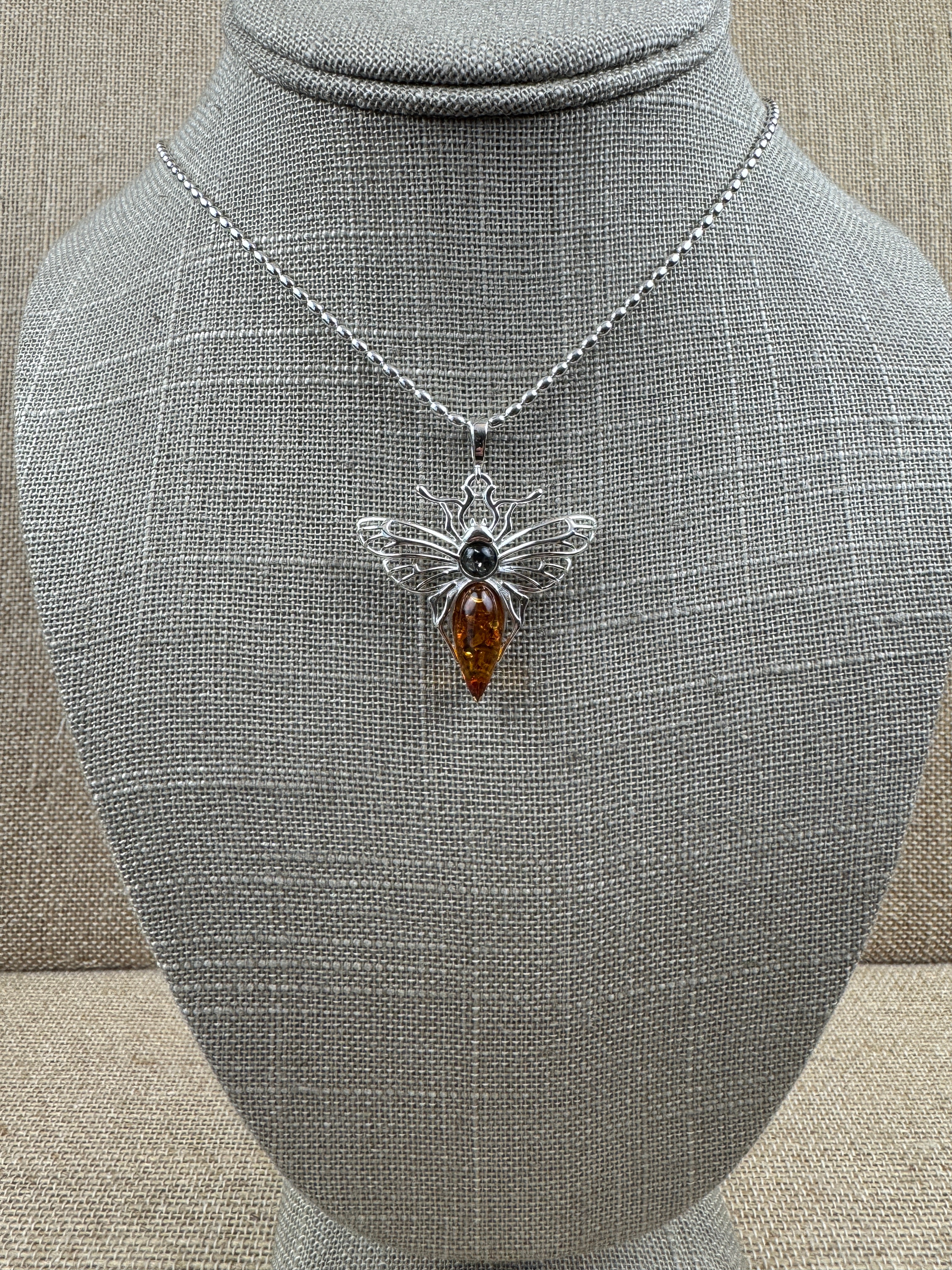 Mystic wings in amber – Sterling silver moth pendant with sterling silver chain