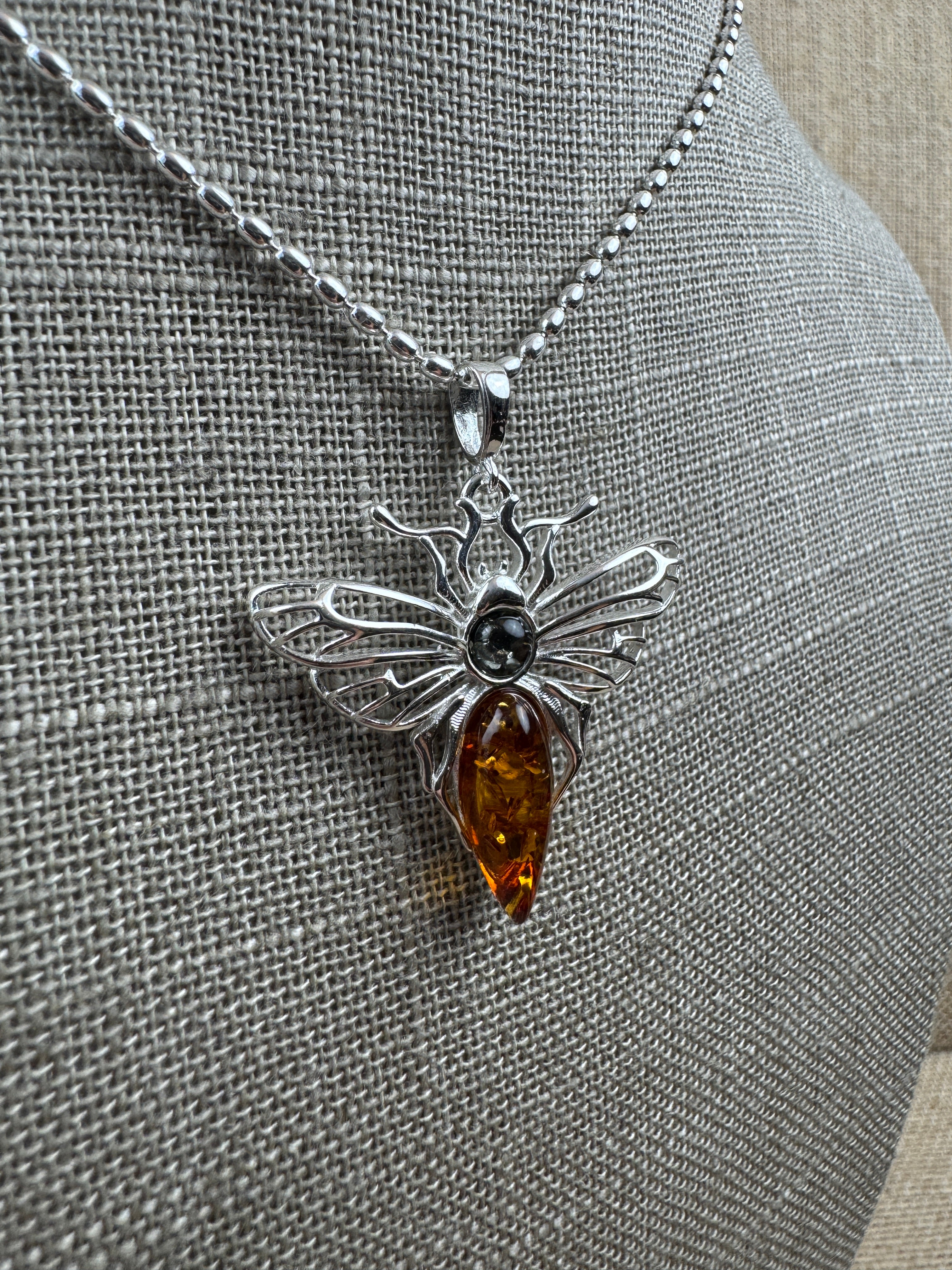 Mystic wings in amber – Sterling silver moth pendant with sterling silver chain
