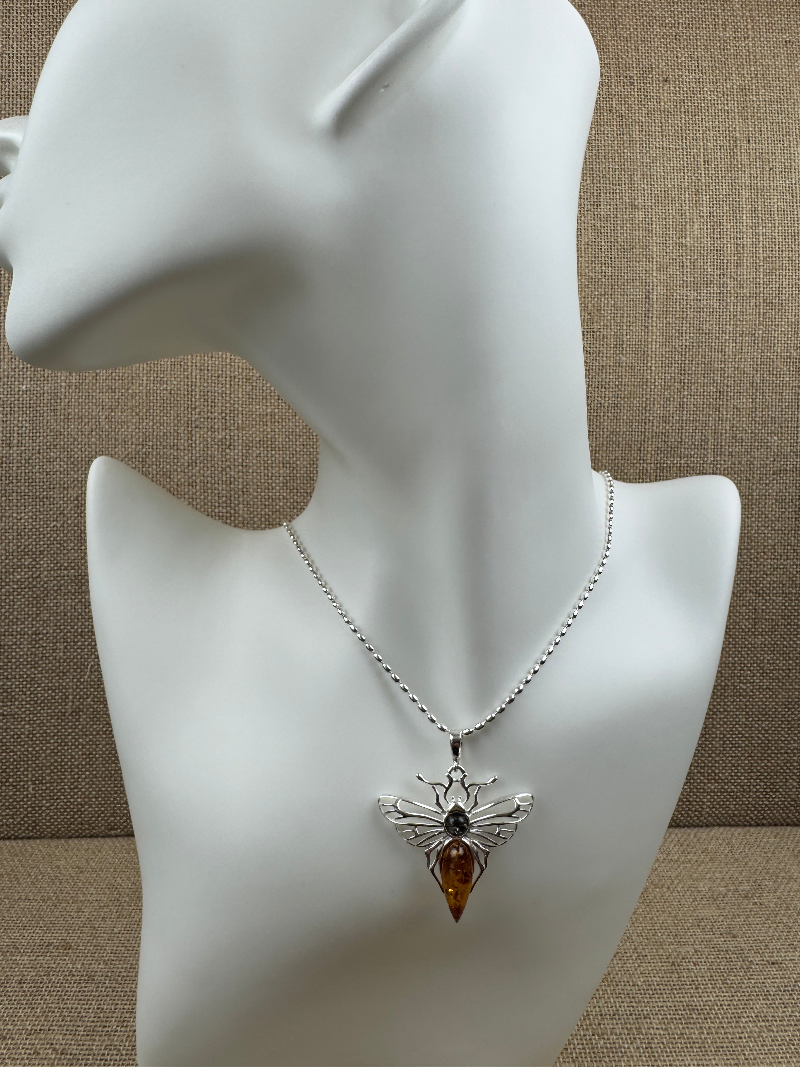 Mystic wings in amber – Sterling silver moth pendant with sterling silver chain