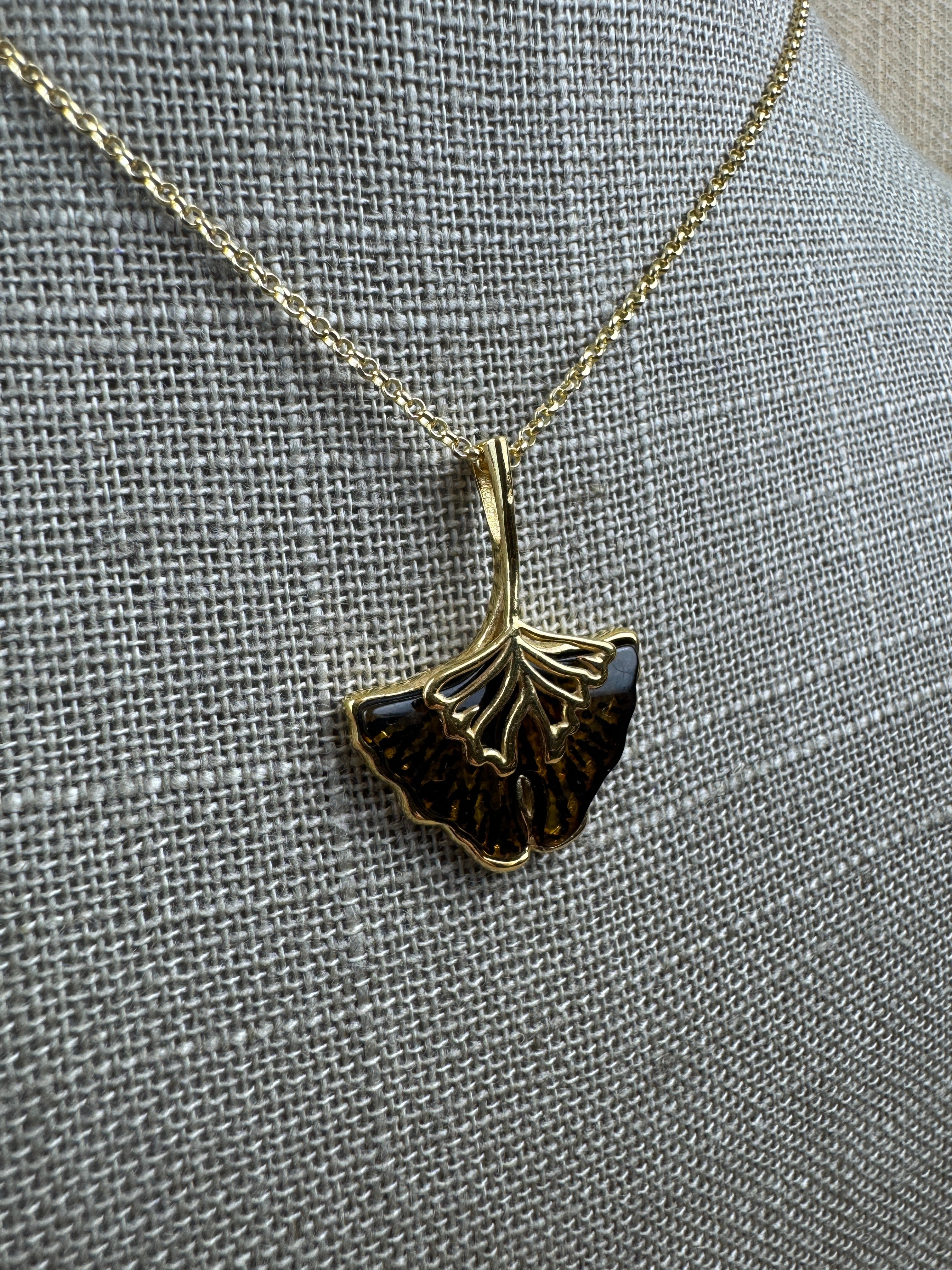 Hand etched Ginkgo Blob Baltic amber and sterling silver pendant on silver chain