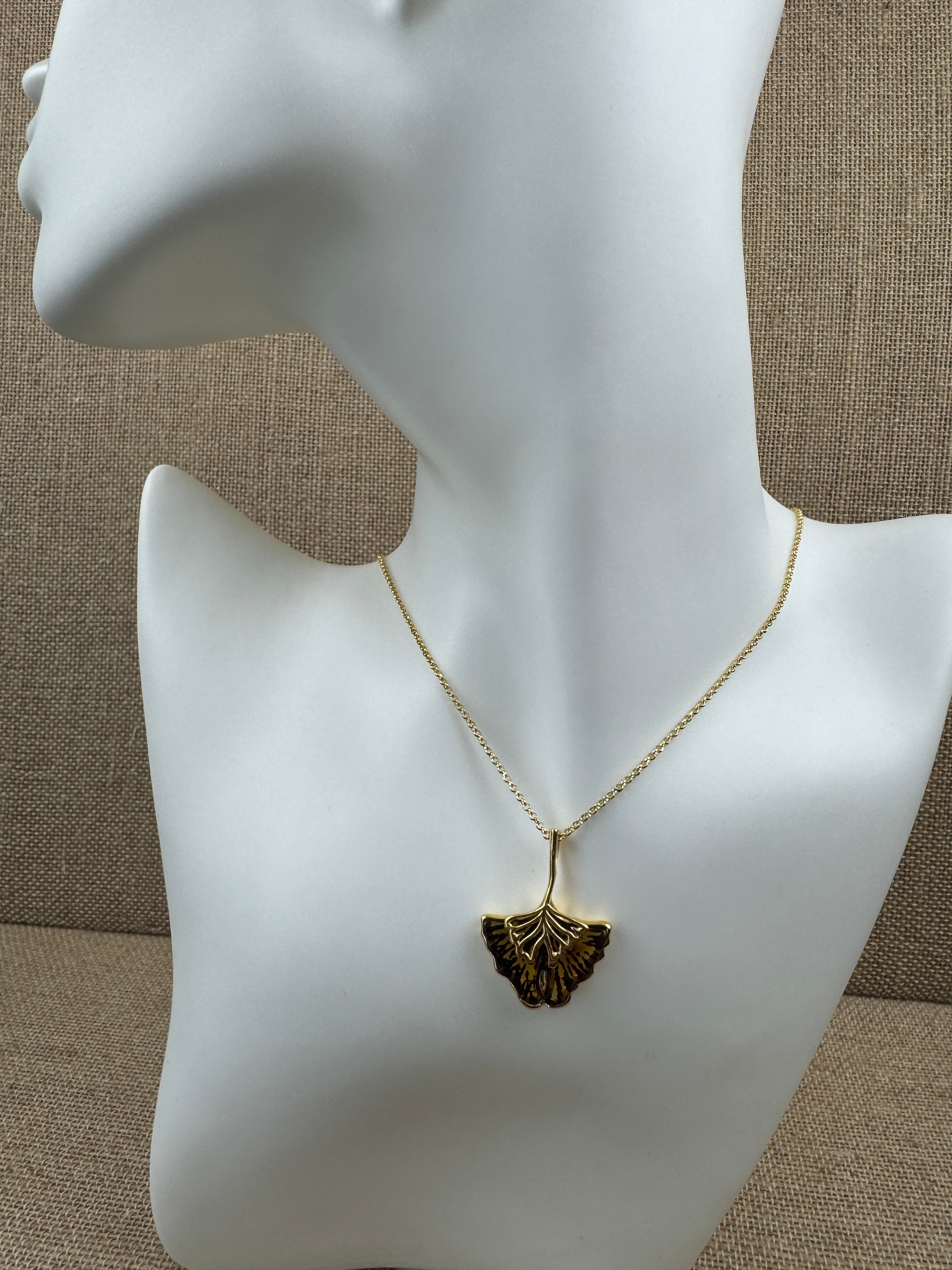 Hand etched Ginkgo Blob Baltic amber and sterling silver pendant on silver chain