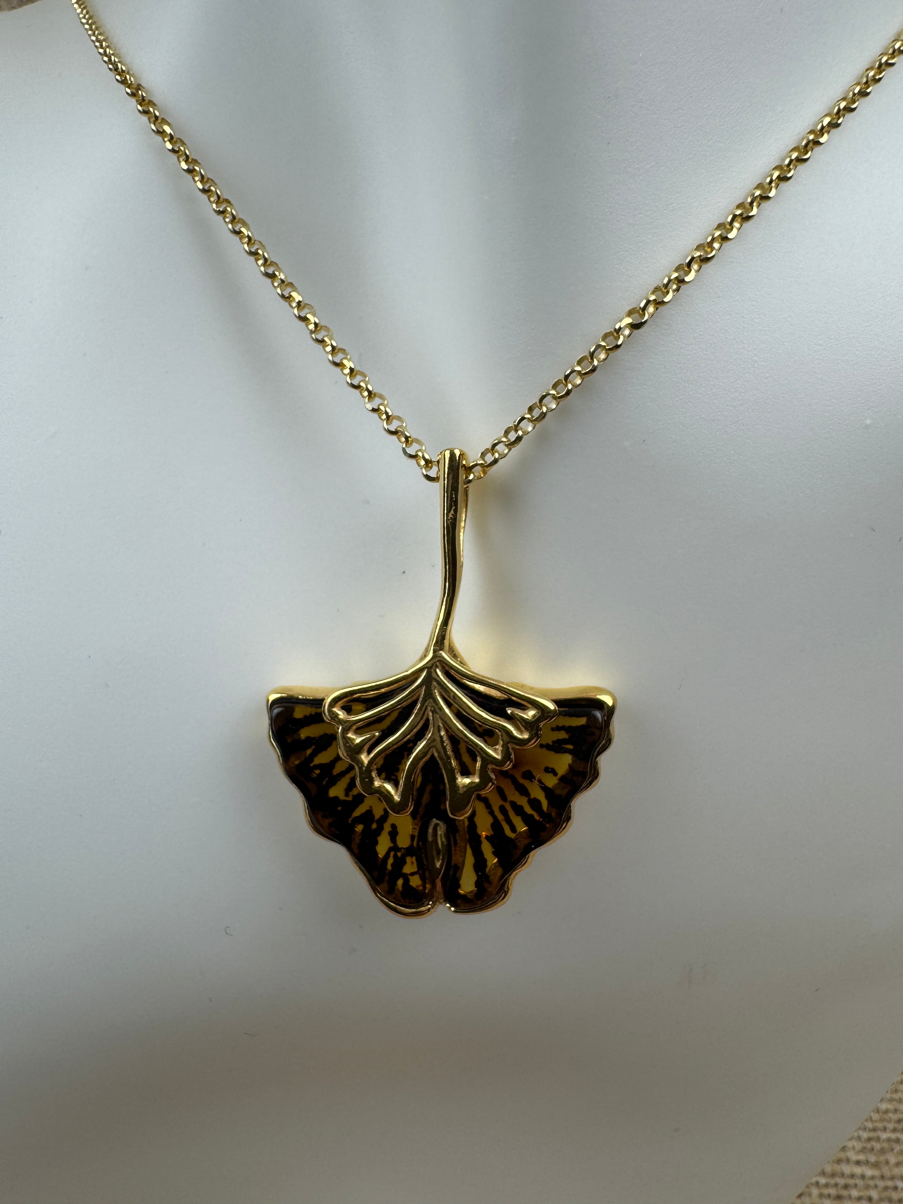 Hand etched Ginkgo Blob Baltic amber and sterling silver pendant on silver chain