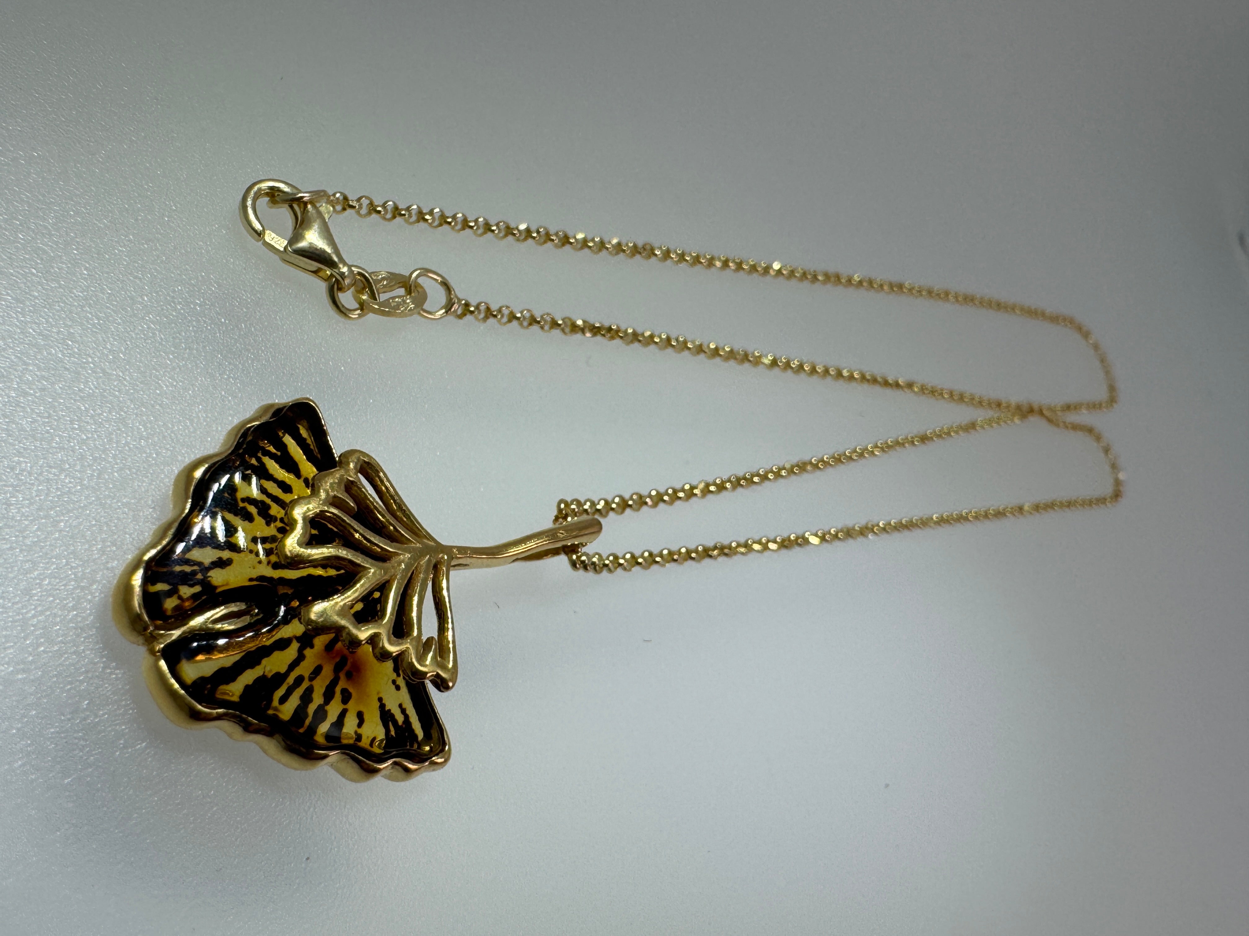 Hand etched Ginkgo Blob Baltic amber and sterling silver pendant on silver chain