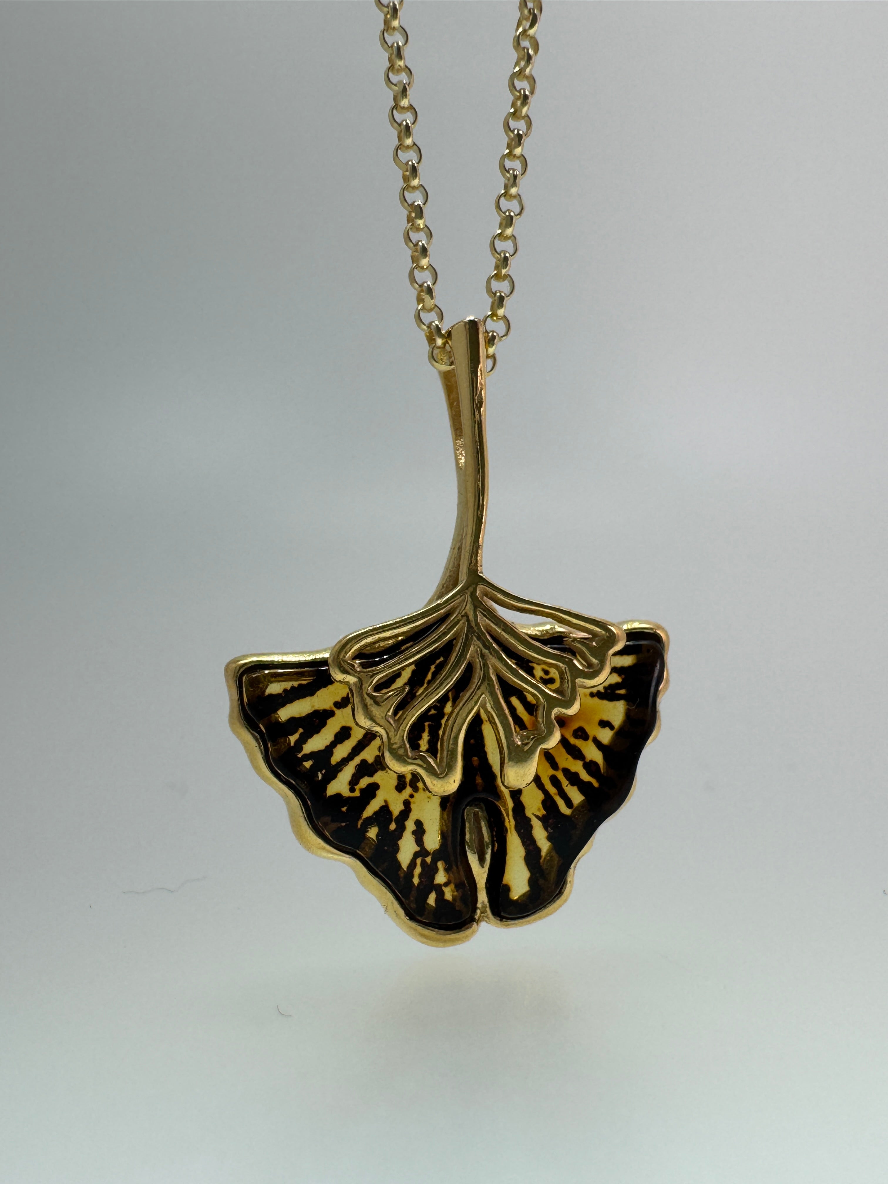 Hand etched Ginkgo Blob Baltic amber and sterling silver pendant on silver chain