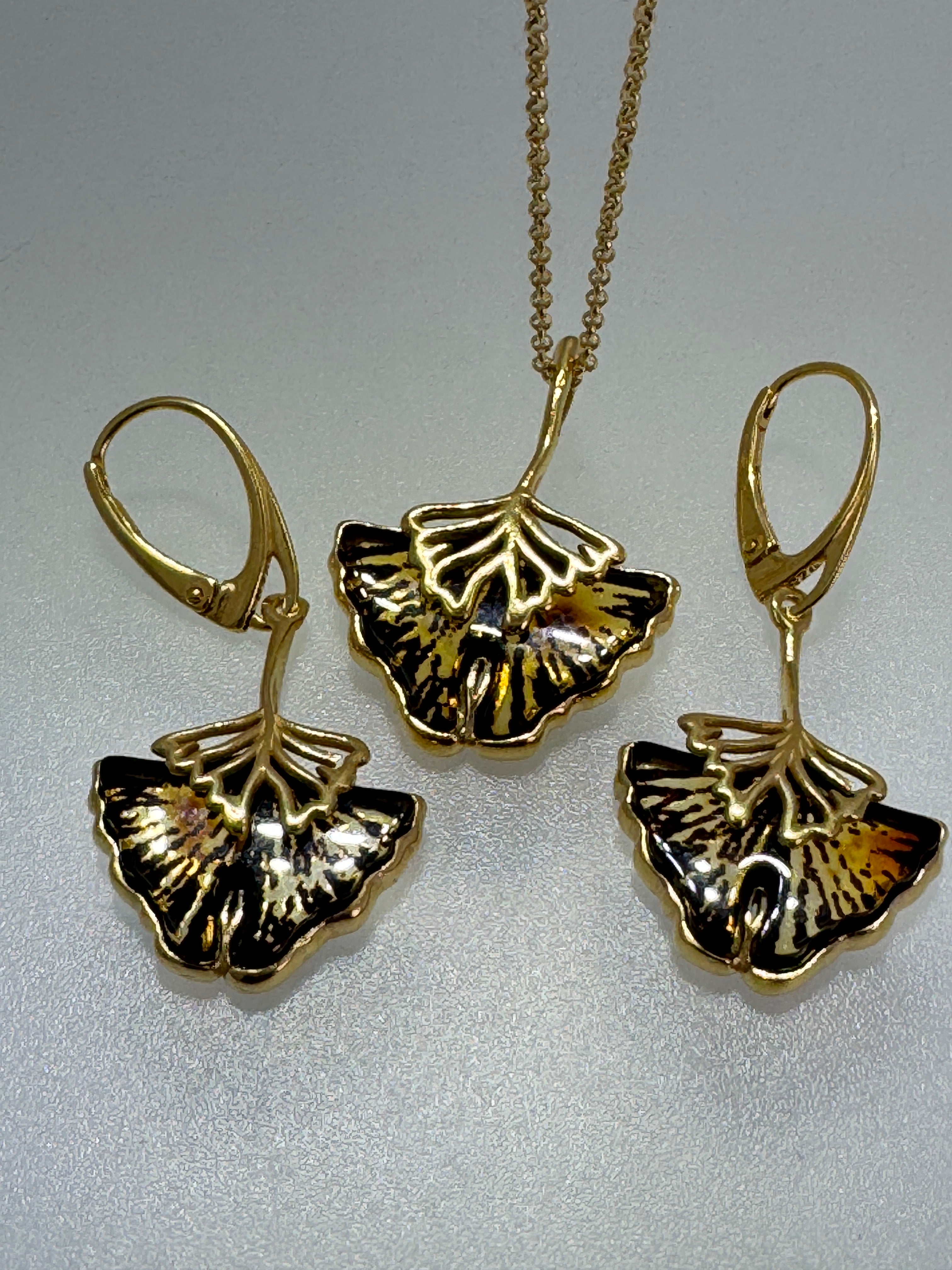 Hand etched Ginkgo Blob Baltic amber and sterling silver pendant on silver chain