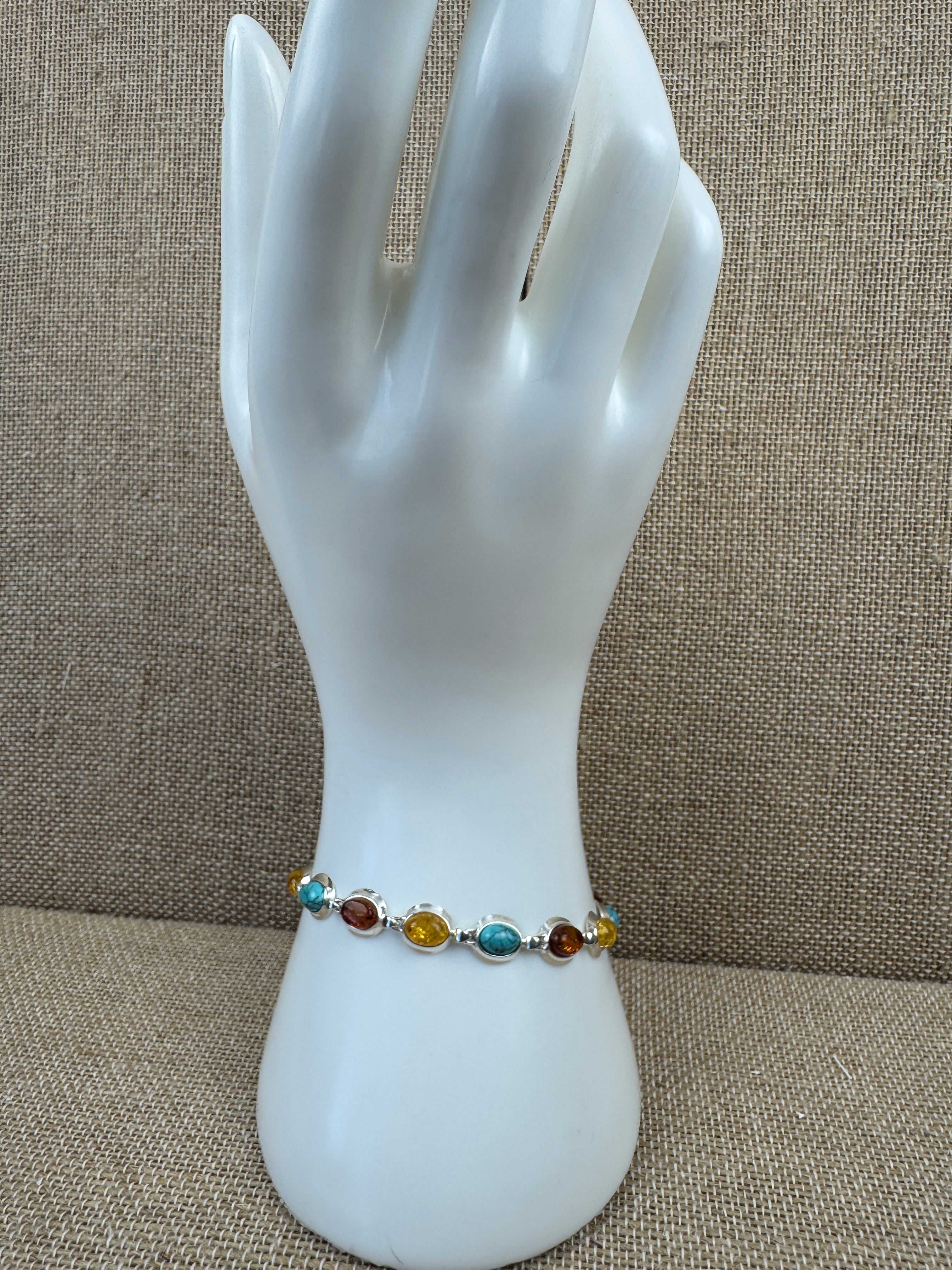 Spring/Summer Gemstone Link Bracelet – Sterling Silver with Baltic Amber and Turquoise Accents - 7.25”
