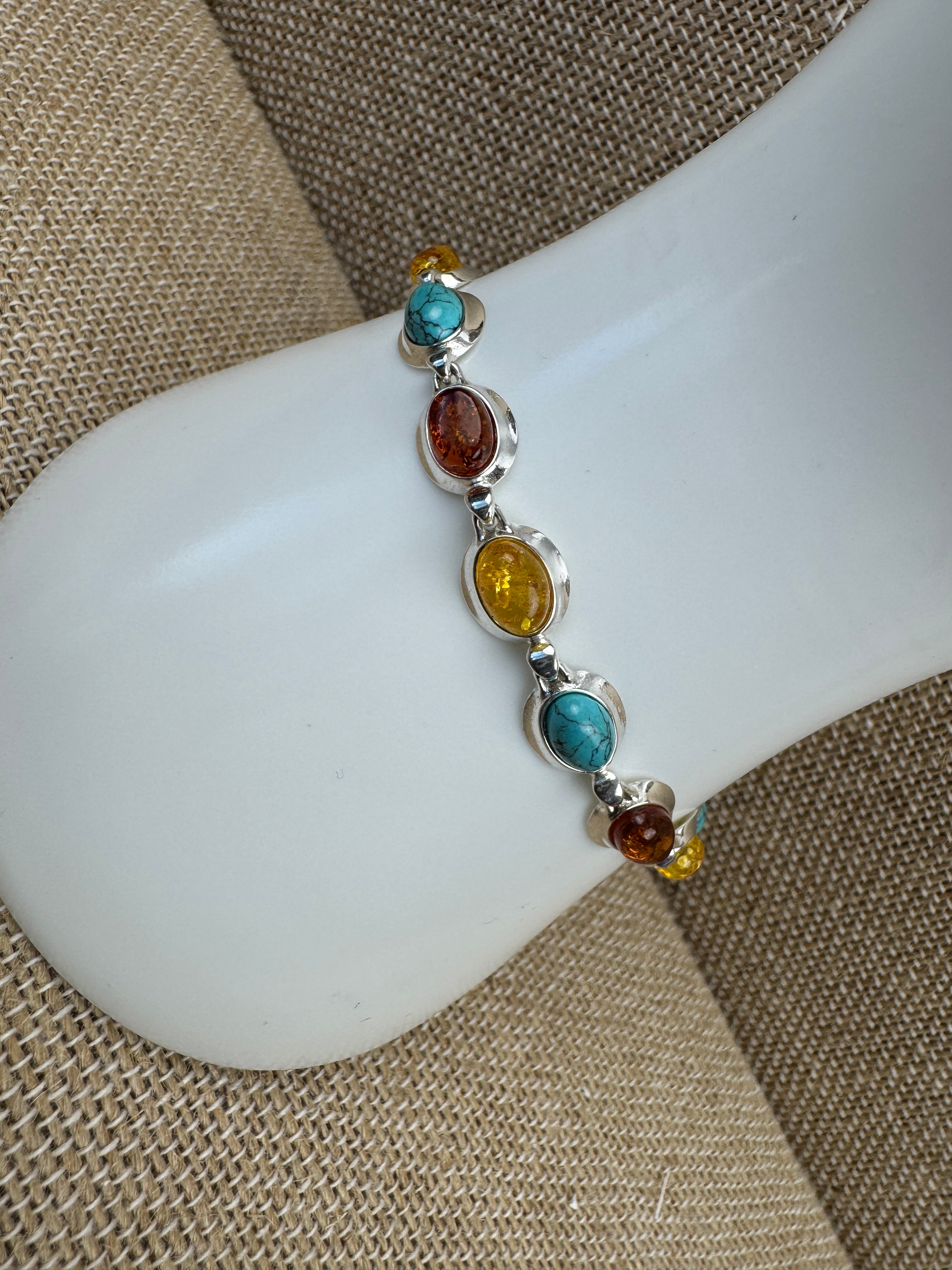 Spring/Summer Gemstone Link Bracelet – Sterling Silver with Baltic Amber and Turquoise Accents - 7.25”