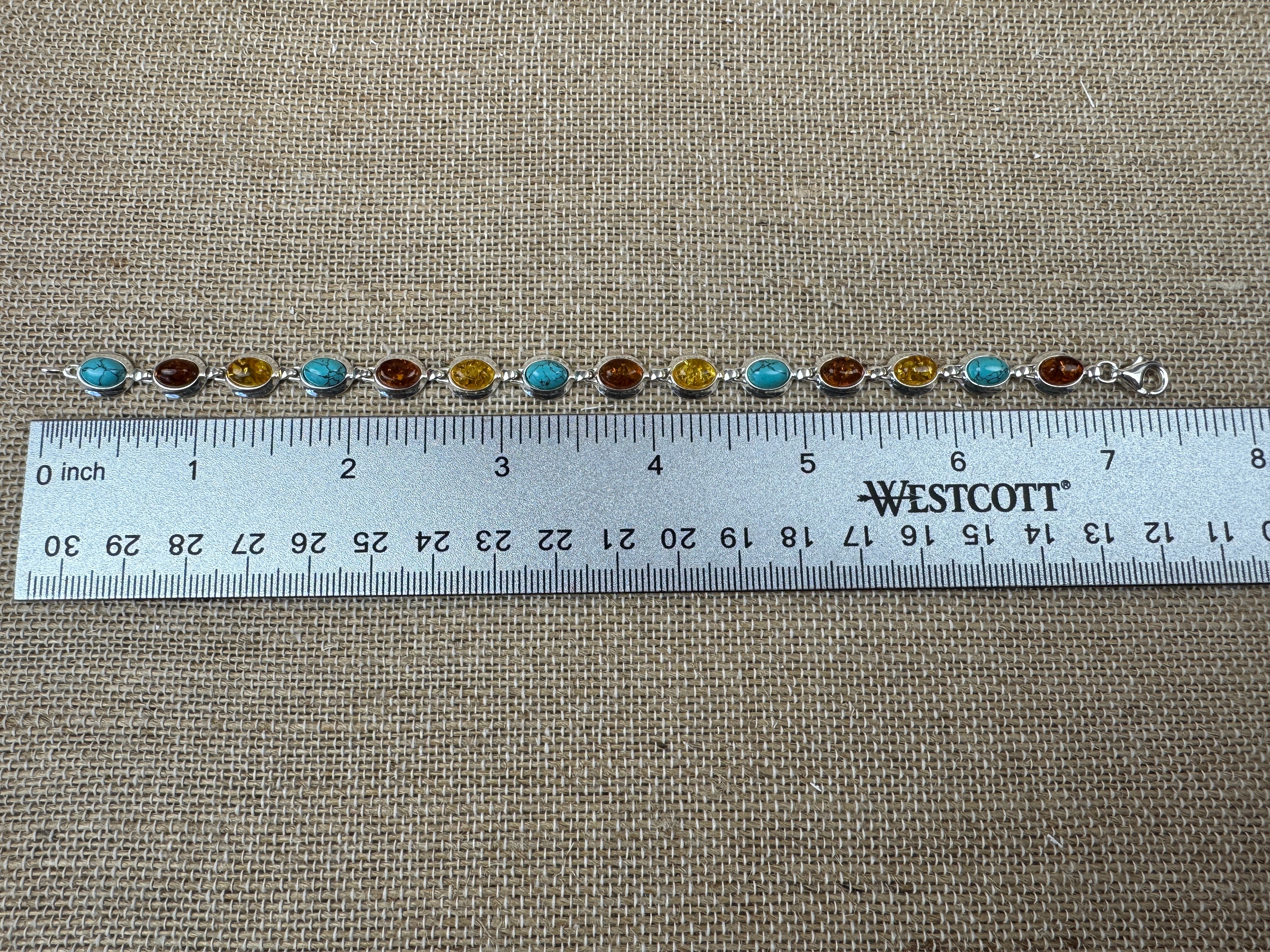 Spring/Summer Gemstone Link Bracelet – Sterling Silver with Baltic Amber and Turquoise Accents - 7.25”