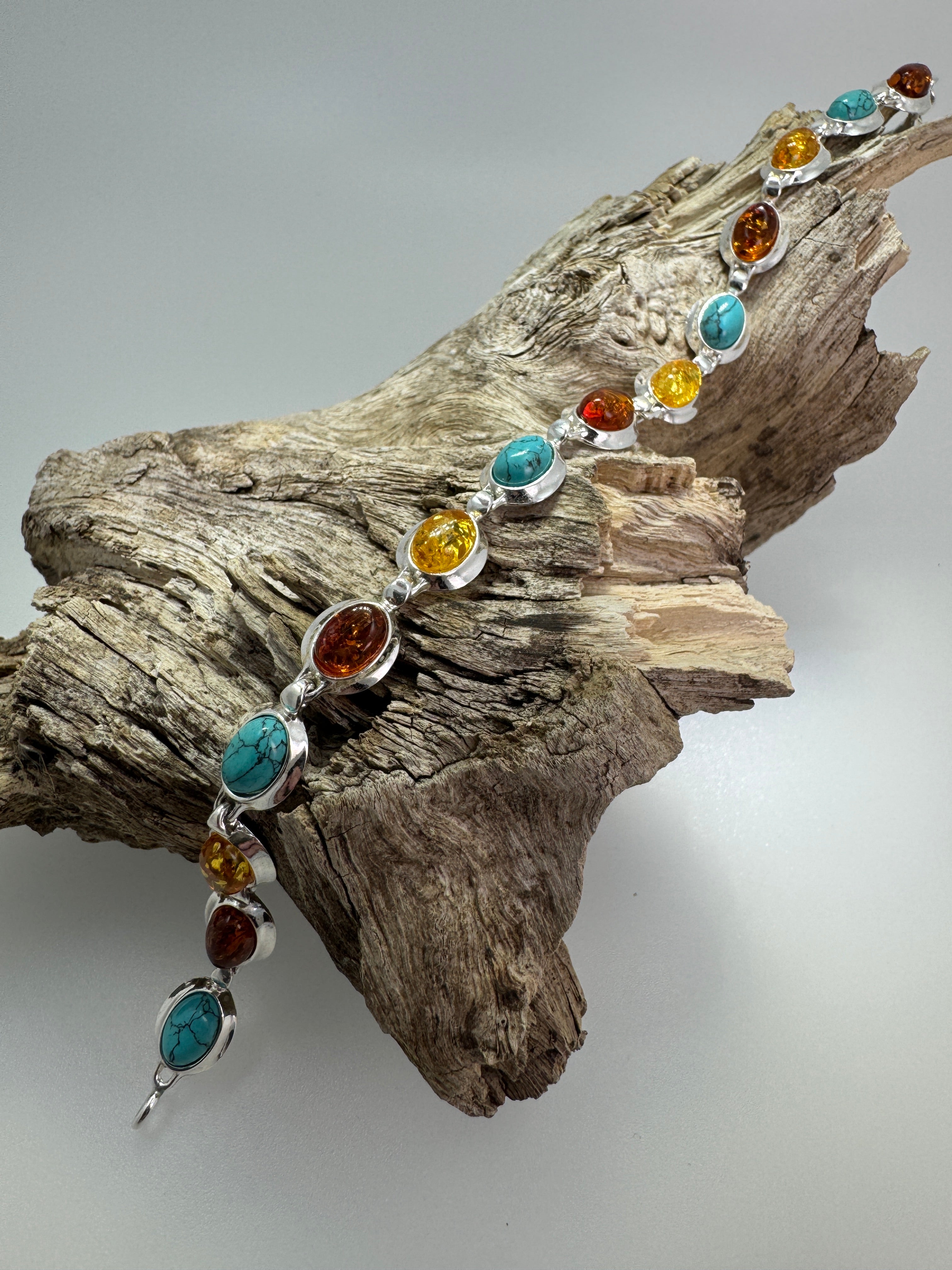 Spring/Summer Gemstone Link Bracelet – Sterling Silver with Baltic Amber and Turquoise Accents - 7.25”