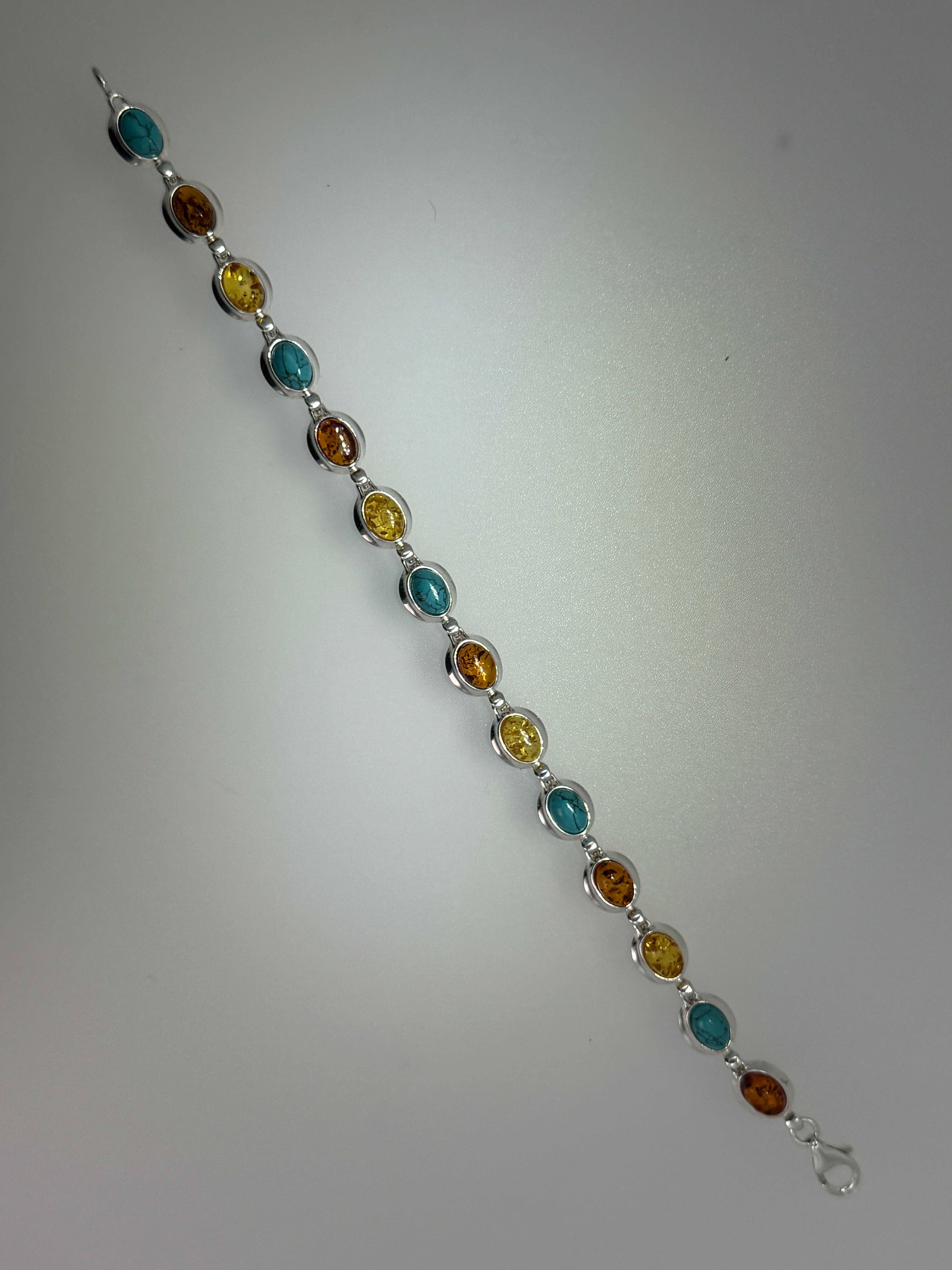Spring/Summer Gemstone Link Bracelet – Sterling Silver with Baltic Amber and Turquoise Accents - 7.25”