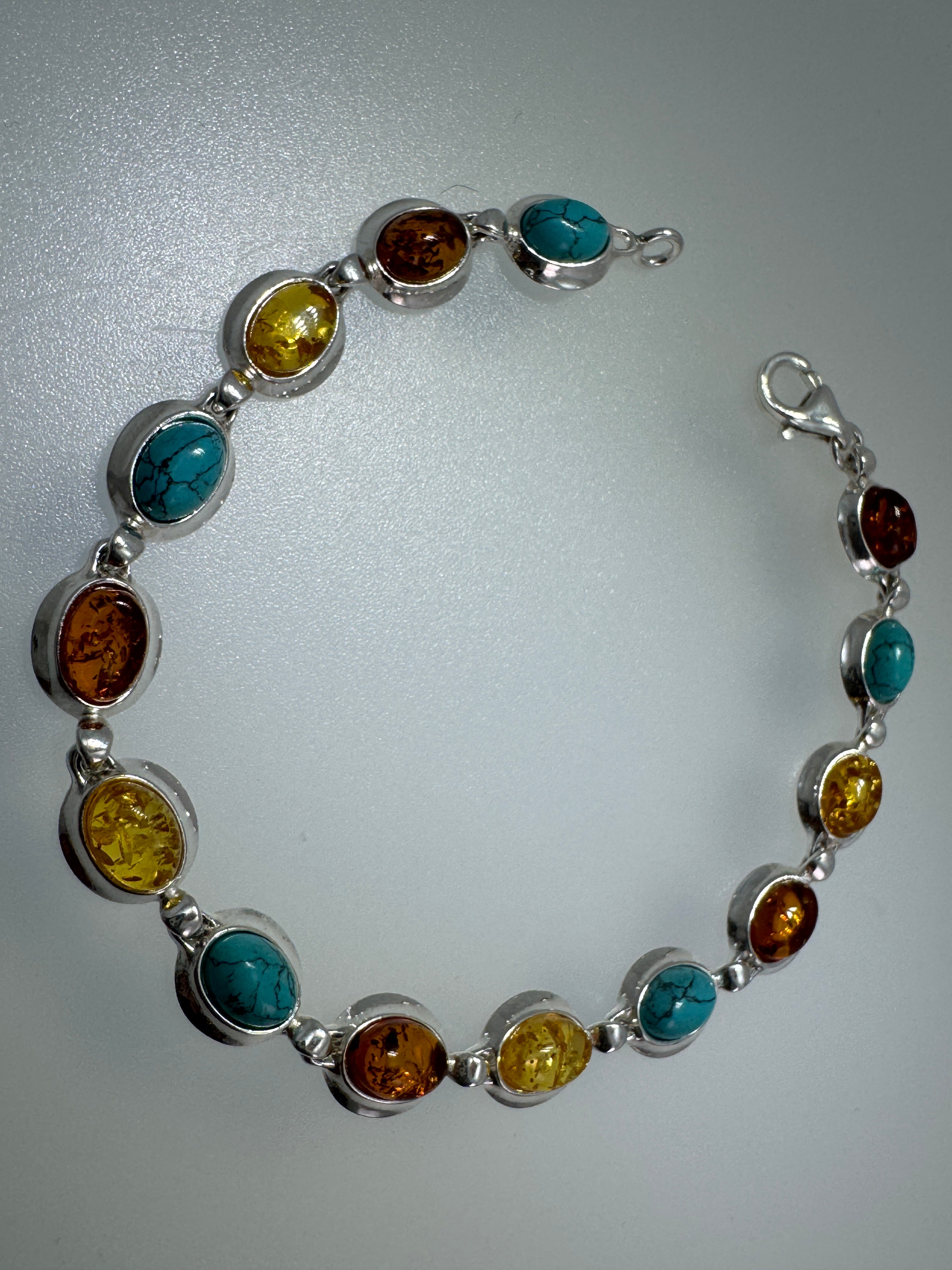 Spring/Summer Gemstone Link Bracelet – Sterling Silver with Baltic Amber and Turquoise Accents - 7.25”