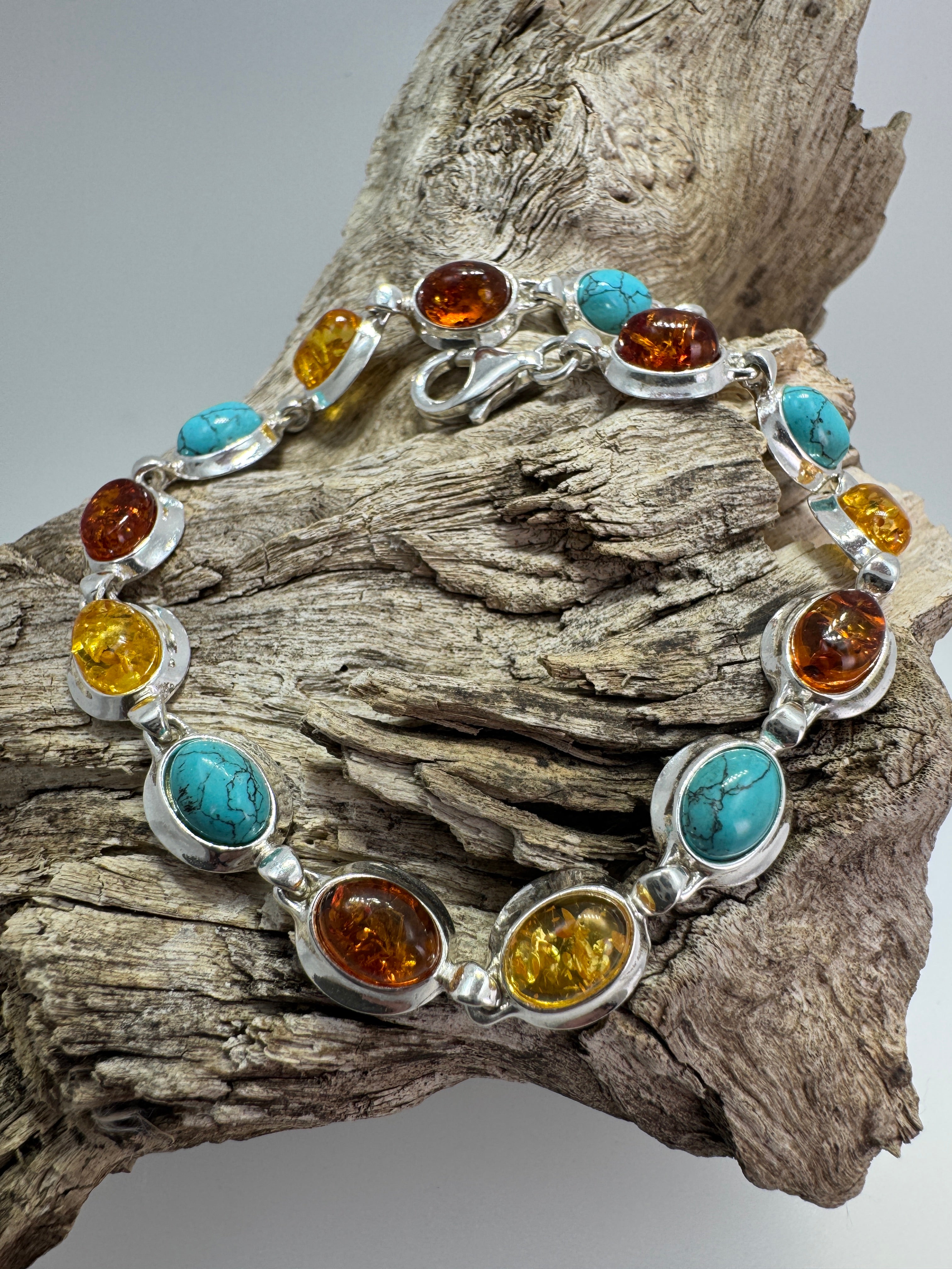 Spring/Summer Gemstone Link Bracelet – Sterling Silver with Baltic Amber and Turquoise Accents - 7.25”