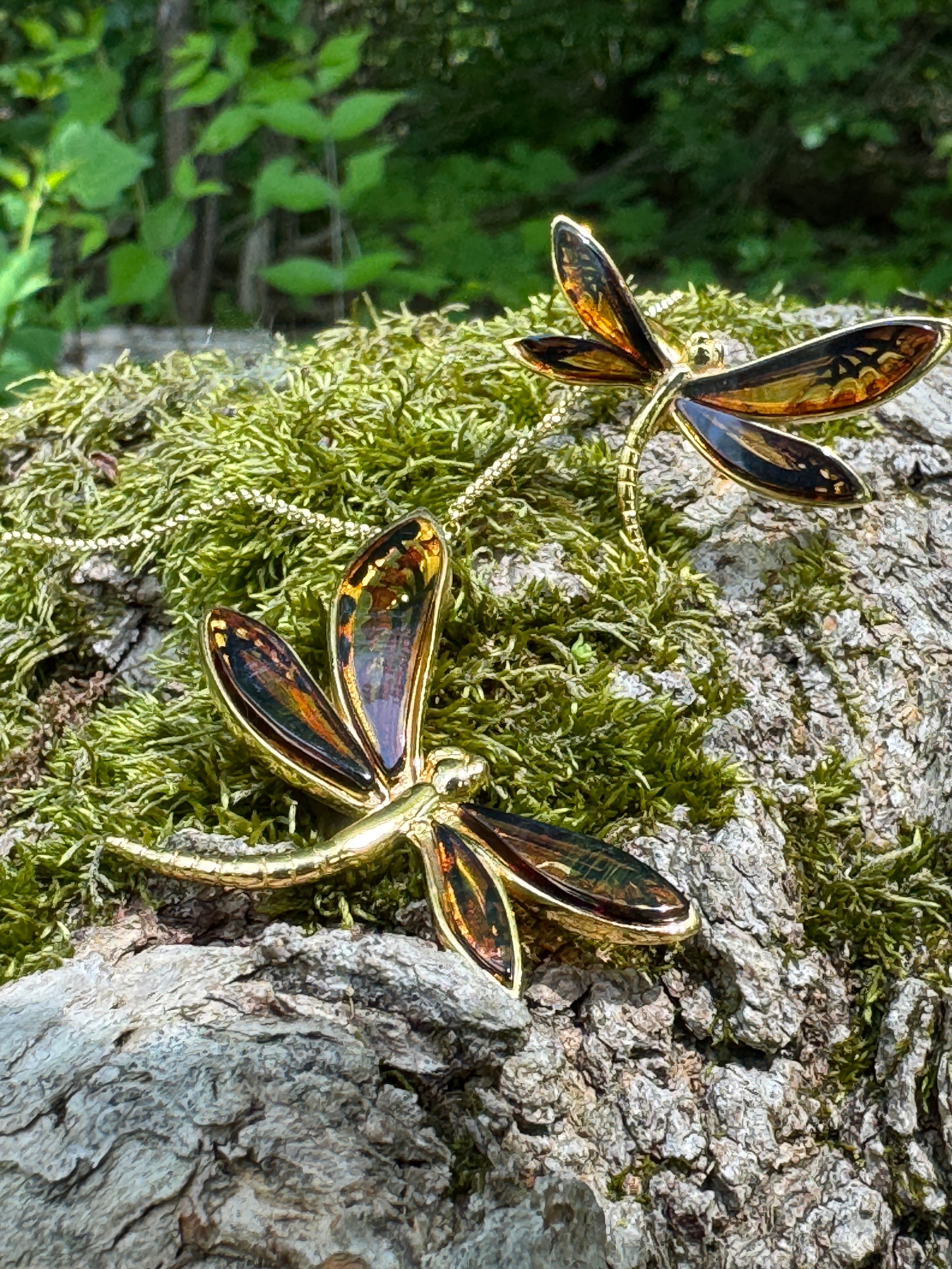 Gold-Plated Sterling Silver Dragonfly Ring – Hand-Etched Cognac Amber Wings, Adjustable