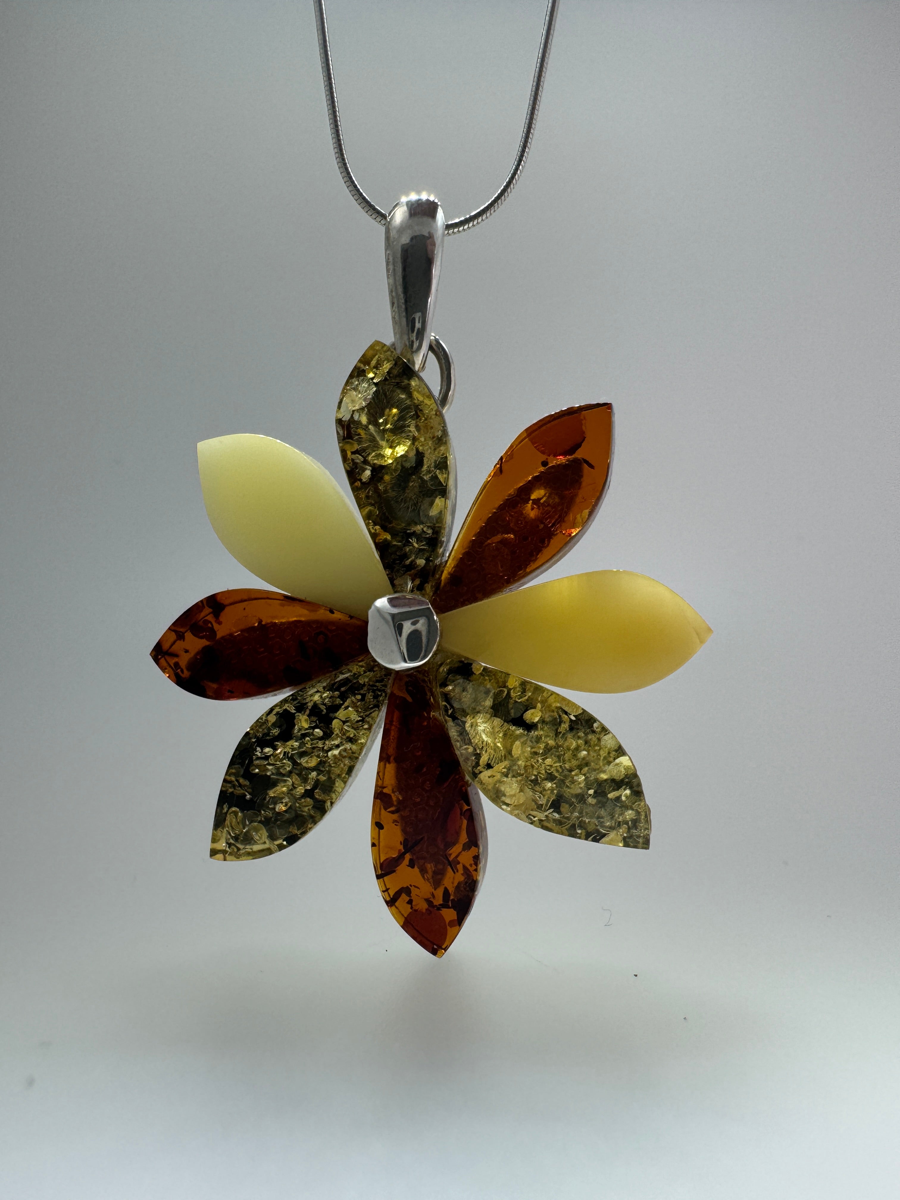 Handmade Multicolor Baltic Amber Flower Pendant - Green, Cognac & Butterscotch - One-of-a-Kind
