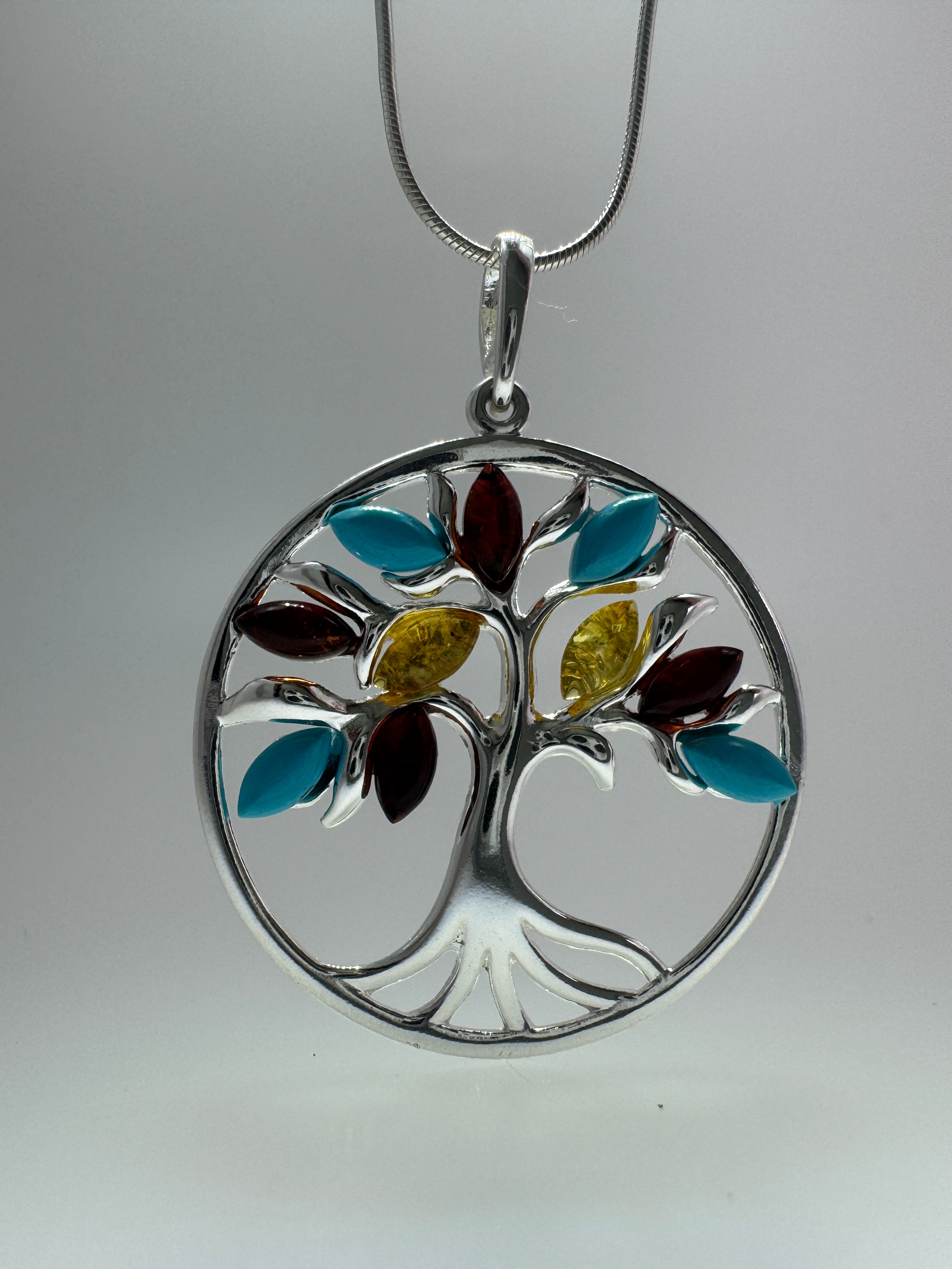 Sterling Silver Tree of Life Pendant - Cognac & Lemon Baltic Amber with Turquoise - Choice of Chain