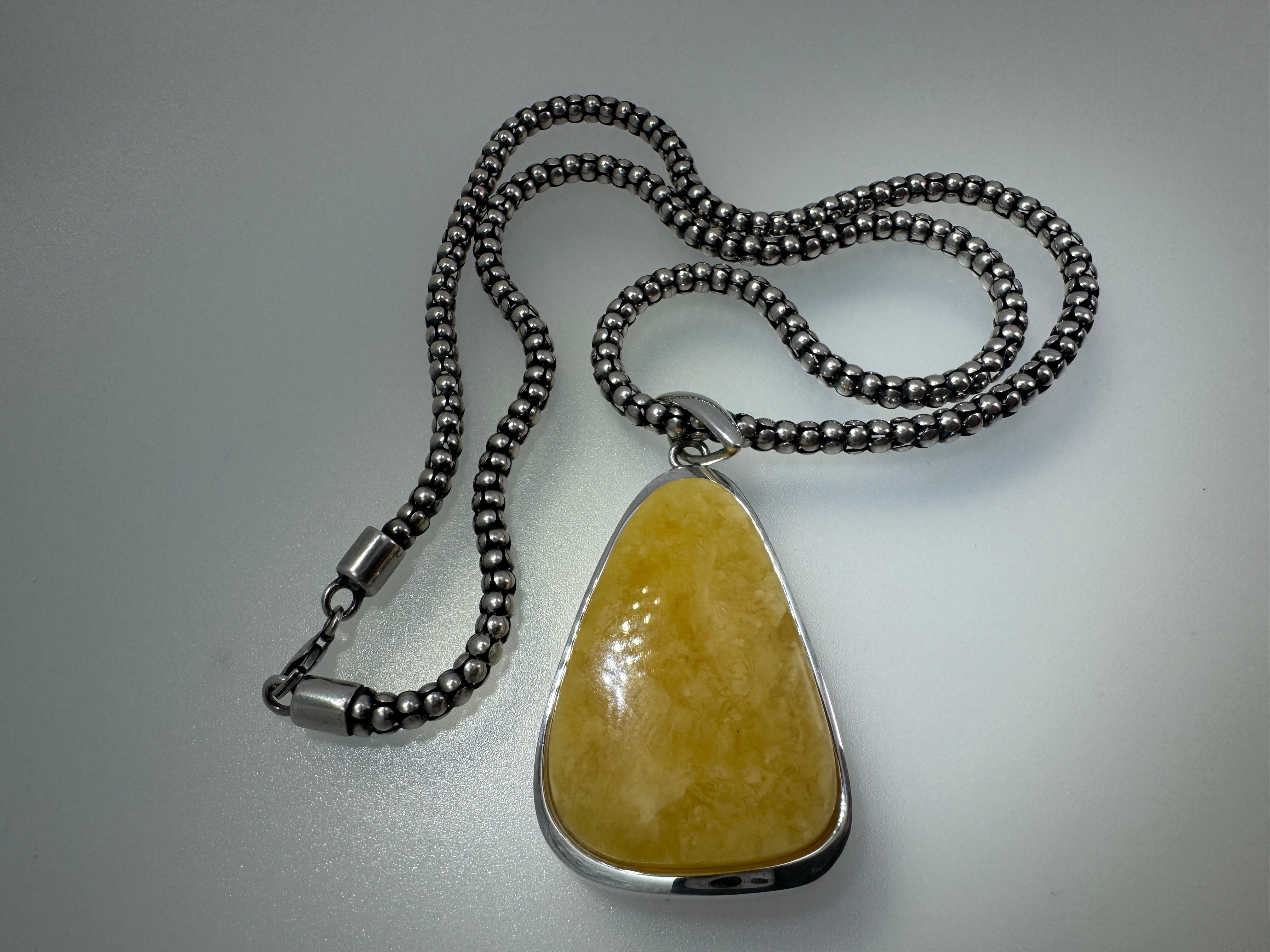 One-of-a-Kind Butterscotch Amber Pendant – Sterling Silver & Beaded Chain