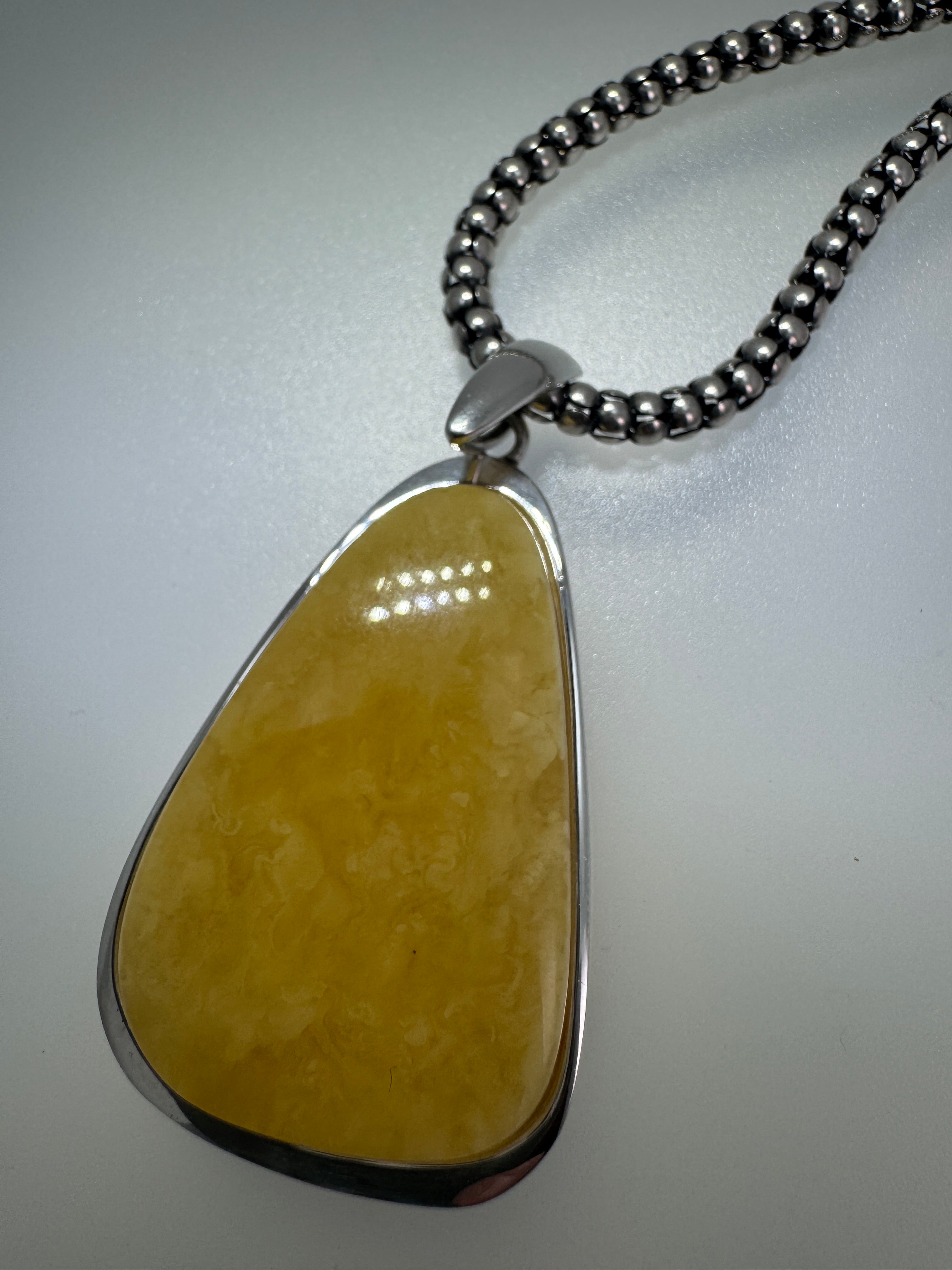 One-of-a-Kind Butterscotch Amber Pendant – Sterling Silver & Beaded Chain