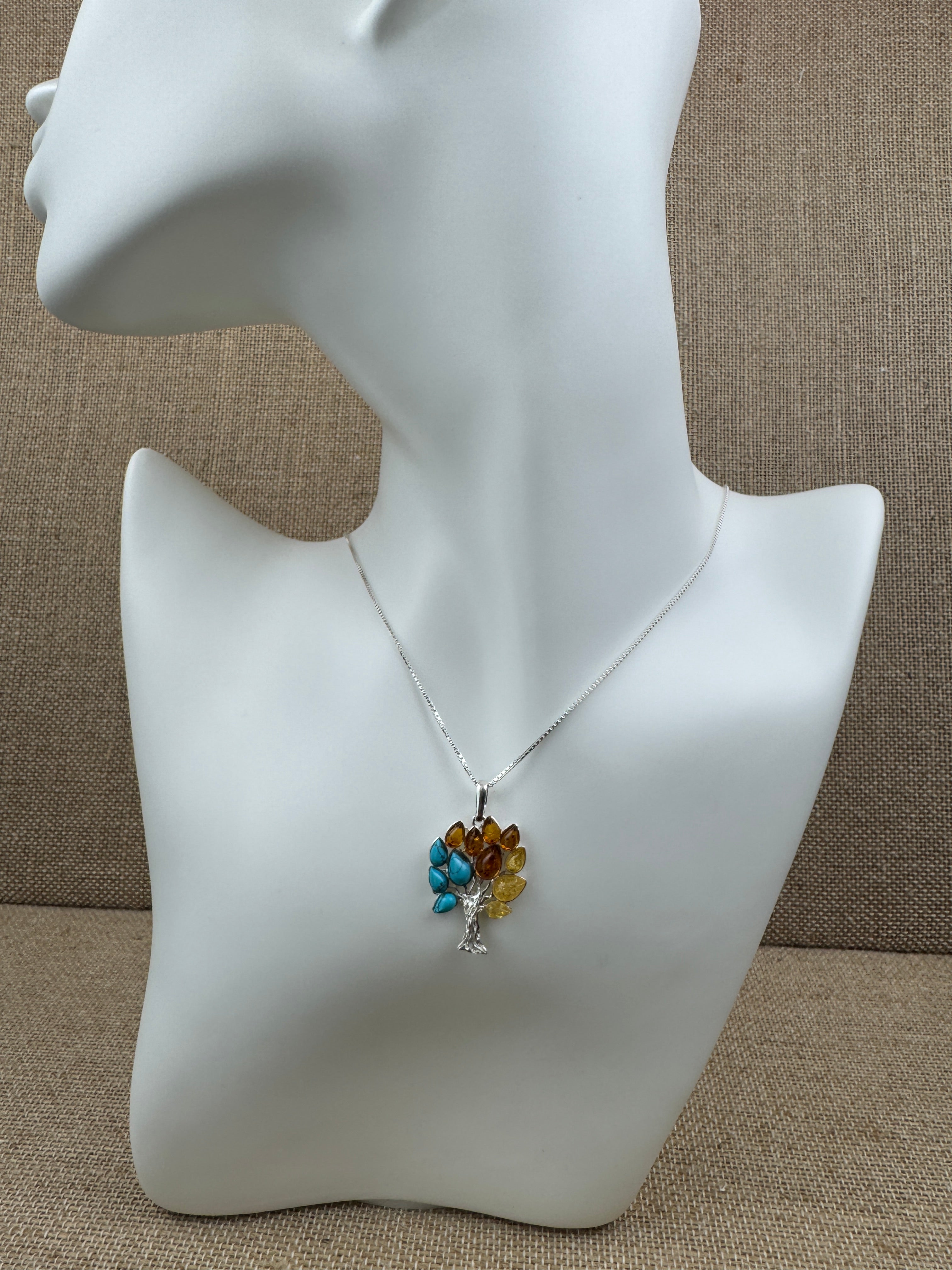 Sterling Silver Tree of Life Pendant – Lemon Amber, Cognac Amber & Turquoise Harmony - Shipped on Sterling Silver Chain