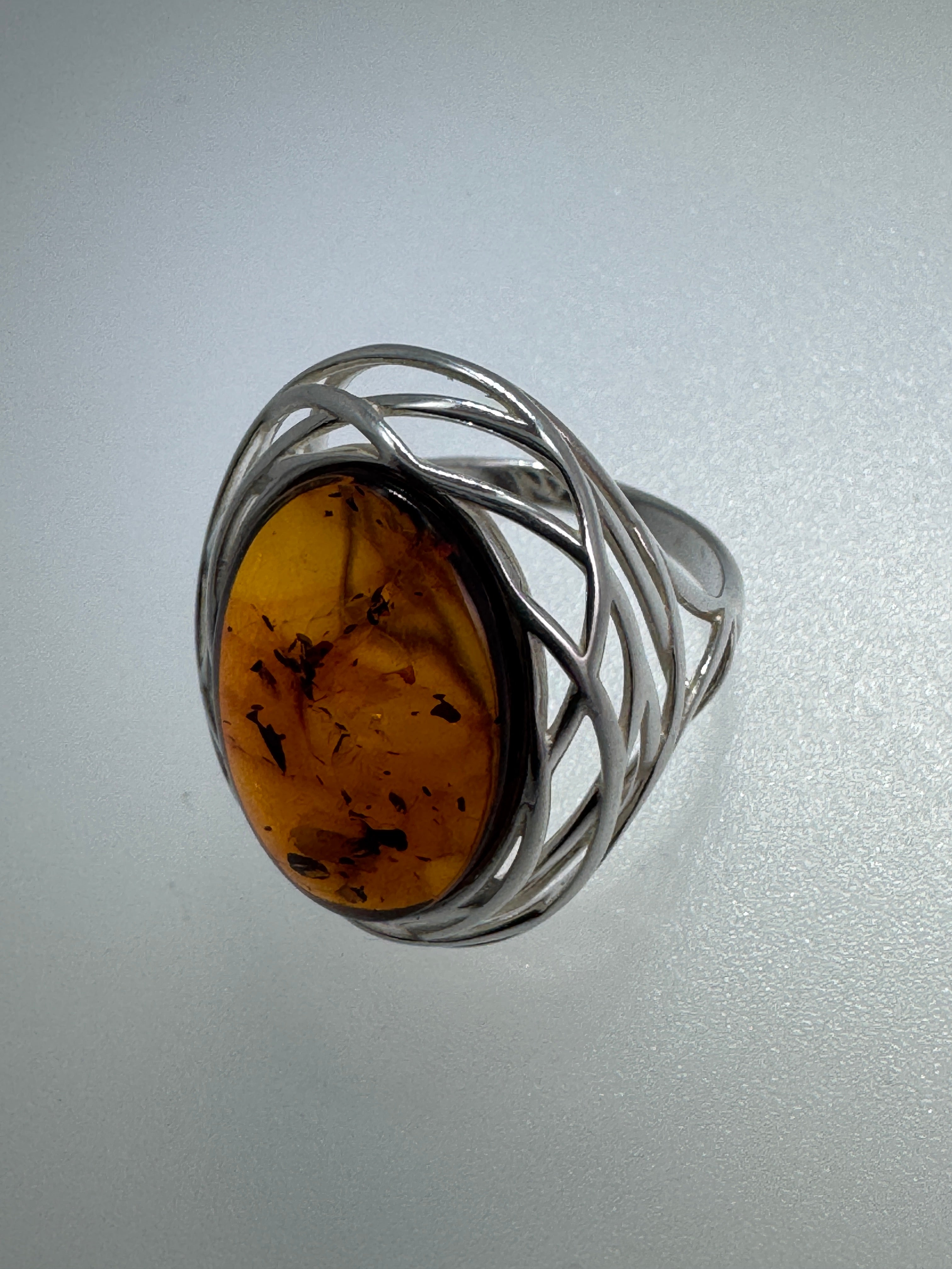 Sterling Silver Honey Cognac Baltic Amber Cabochon Ring – Netted Silver Design, Handmade