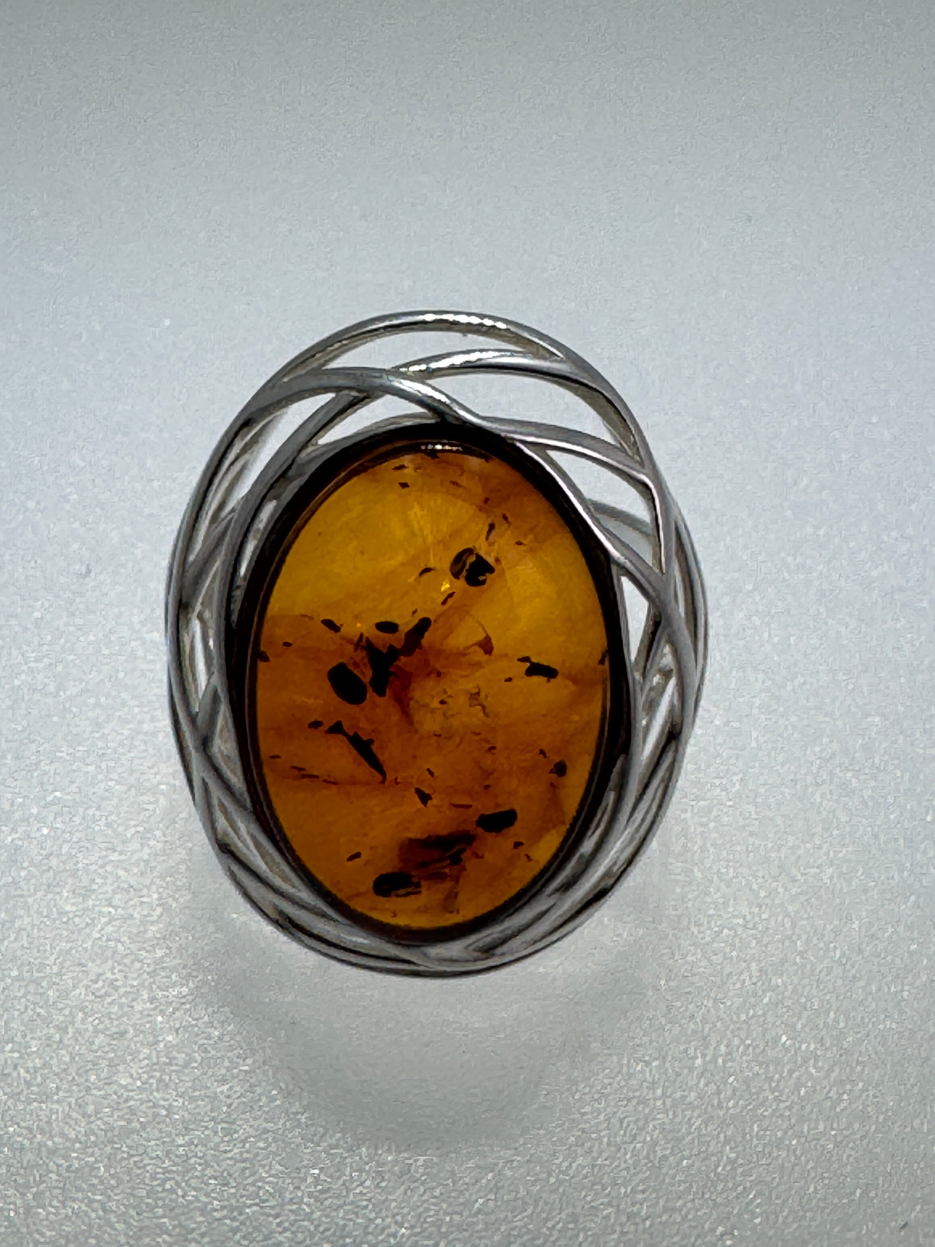 Sterling Silver Honey Cognac Baltic Amber Cabochon Ring – Netted Silver Design, Handmade